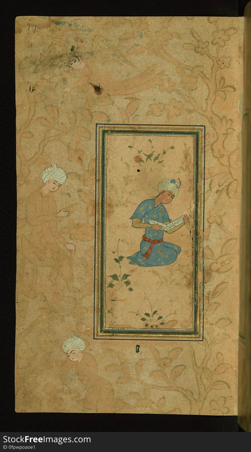 This small anthology of Persian poetry consisting of poems by such authors as JÄmÄ«, AzÄrÄ«, FayzÌ¤Ä«, NavÄÊ¾Ä«, and SaÊ¿dÄ« was put together by an anonymous scribe in 1105 AH / 1693 CE. Illustrated with six miniatures, the margins of this manuscript are embellished with stenciled designs of angels, men and animals. The page represents a seated young man reading from a book of Persian poetry. See this manuscript page by page at the Walters Art Museum website: art.thewalters.org/viewwoa.aspx?id=19402. This small anthology of Persian poetry consisting of poems by such authors as JÄmÄ«, AzÄrÄ«, FayzÌ¤Ä«, NavÄÊ¾Ä«, and SaÊ¿dÄ« was put together by an anonymous scribe in 1105 AH / 1693 CE. Illustrated with six miniatures, the margins of this manuscript are embellished with stenciled designs of angels, men and animals. The page represents a seated young man reading from a book of Persian poetry. See this manuscript page by page at the Walters Art Museum website: art.thewalters.org/viewwoa.aspx?id=19402