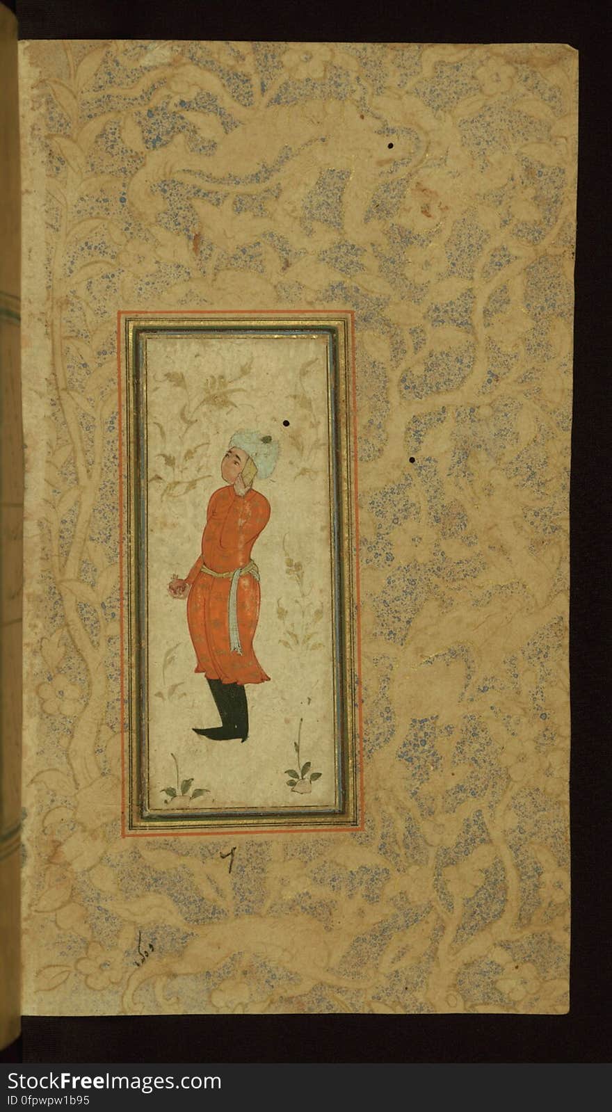 This small anthology of Persian poetry consisting of poems by such authors as Jāmī, Azārī, Fayz̤ī, Navāʾī, and Saʿdī was put together by an anonymous scribe in 1105 AH / 1693 CE. Illustrated with six miniatures, the margins of this manuscript are embellished with stenciled designs of angels, men and animals. The folio illustrates a young man standing with a pomegranate in his right hand. See this manuscript page by page at the Walters Art Museum website: art.thewalters.org/viewwoa.aspx?id=19402. This small anthology of Persian poetry consisting of poems by such authors as Jāmī, Azārī, Fayz̤ī, Navāʾī, and Saʿdī was put together by an anonymous scribe in 1105 AH / 1693 CE. Illustrated with six miniatures, the margins of this manuscript are embellished with stenciled designs of angels, men and animals. The folio illustrates a young man standing with a pomegranate in his right hand. See this manuscript page by page at the Walters Art Museum website: art.thewalters.org/viewwoa.aspx?id=19402