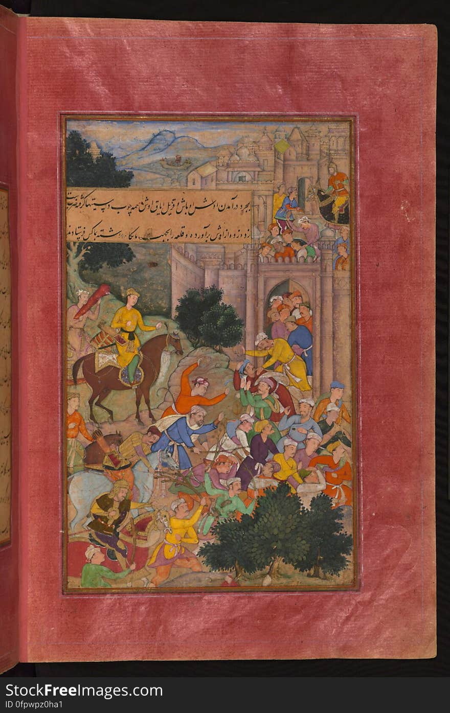 Written originally in Chaghatay Turkish and later translated into Persian, Bāburnāmah is the story of a Timurid ruler of Fergana &#x28;Central Asia&#x29;, Ẓahīr al-Dīn Muḥammad Bābur &#x28;866 AH /1483 CE - 937 AH / 1530 CE&#x29;, who conquered northern India and established the Mughal Empire. The present codex, being a fragment of a dispersed copy, was executed most probably in the late 10th AH /16th CE century. It contains 30 mostly full-page miniatures in fine Mughal style by at least two different artists. Another major fragment of this work &#x28;57 folios&#x29; is in the State Museum of Eastern Cultures, Moscow. See this manuscript page by page at the Walters Art Museum website: art.thewalters.org/viewwoa.aspx?id=1759. Written originally in Chaghatay Turkish and later translated into Persian, Bāburnāmah is the story of a Timurid ruler of Fergana &#x28;Central Asia&#x29;, Ẓahīr al-Dīn Muḥammad Bābur &#x28;866 AH /1483 CE - 937 AH / 1530 CE&#x29;, who conquered northern India and established the Mughal Empire. The present codex, being a fragment of a dispersed copy, was executed most probably in the late 10th AH /16th CE century. It contains 30 mostly full-page miniatures in fine Mughal style by at least two different artists. Another major fragment of this work &#x28;57 folios&#x29; is in the State Museum of Eastern Cultures, Moscow. See this manuscript page by page at the Walters Art Museum website: art.thewalters.org/viewwoa.aspx?id=1759