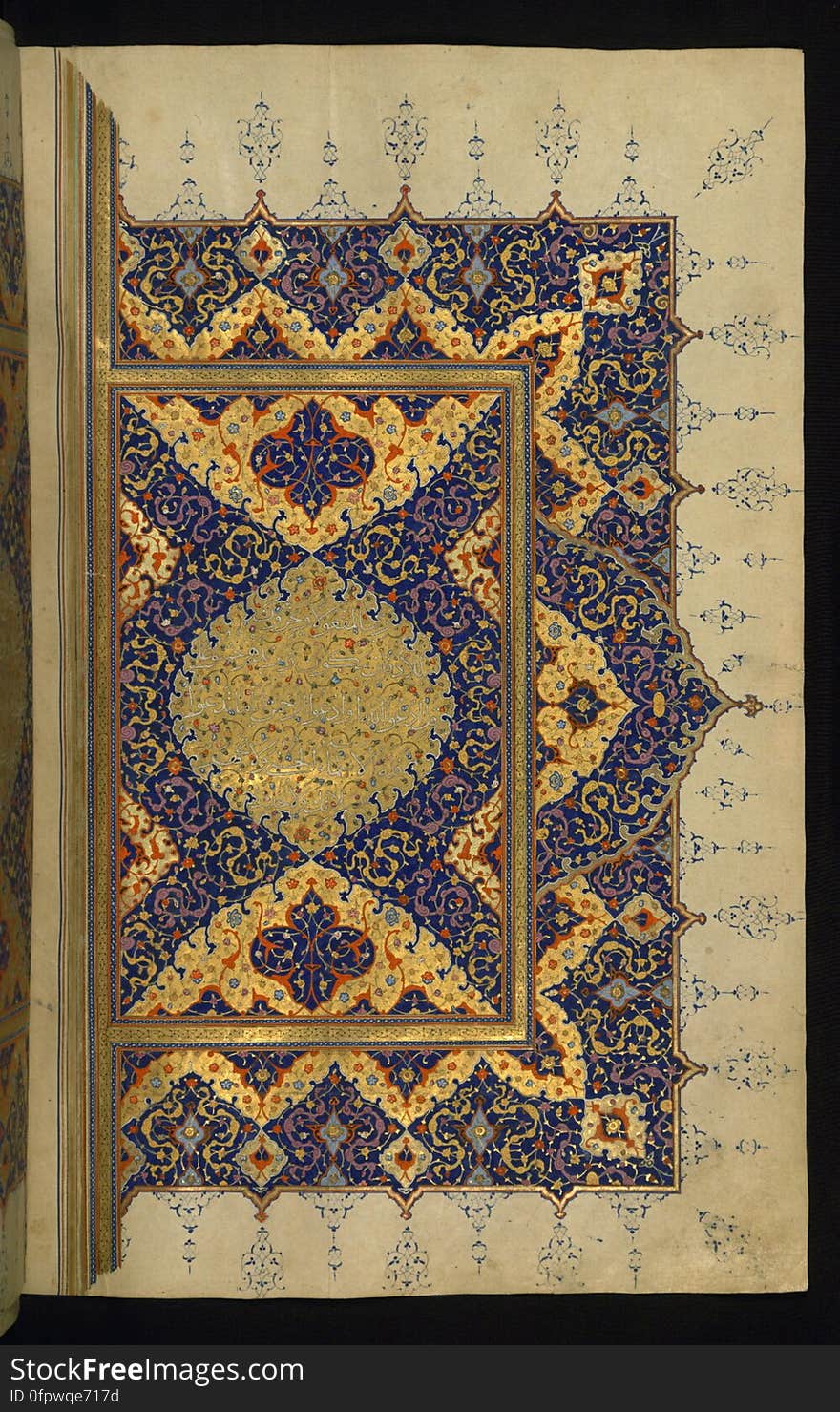 An illuminated large size copy of the Koran &#x28;Qur&#x27;an&#x29; produced in the 11th century AH / 17th CE in Iran. Apart from using a number of scripts, such as naskh, muḥaqqaq and tawqīʿ, this codex features six pairs of decorated pages, two illuminated headpieces, as well as illuminated chapter headings, cloud-bands, and marginal decoration. The black morocco binding has a central piece in the form of a diamond with pendants on four sides. The inner covers, having a traditional dentelle decoration, features text from the &#x22;the verse of the throne&#x22; &#x28;āyat al-kursī&#x29;, which is inscribed in the outer frame. Beautifully illuminated page with verses from the end of chapter 17 &#x28; Sūrat Banī Isrāʾīl&#x29; inscribed in the centerpiece in white muḥaqqaq script. An illuminated large size copy of the Koran &#x28;Qur&#x27;an&#x29; produced in the 11th century AH / 17th CE in Iran. Apart from using a number of scripts, such as naskh, muḥaqqaq and tawqīʿ, this codex features six pairs of decorated pages, two illuminated headpieces, as well as illuminated chapter headings, cloud-bands, and marginal decoration. The black morocco binding has a central piece in the form of a diamond with pendants on four sides. The inner covers, having a traditional dentelle decoration, features text from the &#x22;the verse of the throne&#x22; &#x28;āyat al-kursī&#x29;, which is inscribed in the outer frame. Beautifully illuminated page with verses from the end of chapter 17 &#x28; Sūrat Banī Isrāʾīl&#x29; inscribed in the centerpiece in white muḥaqqaq script.