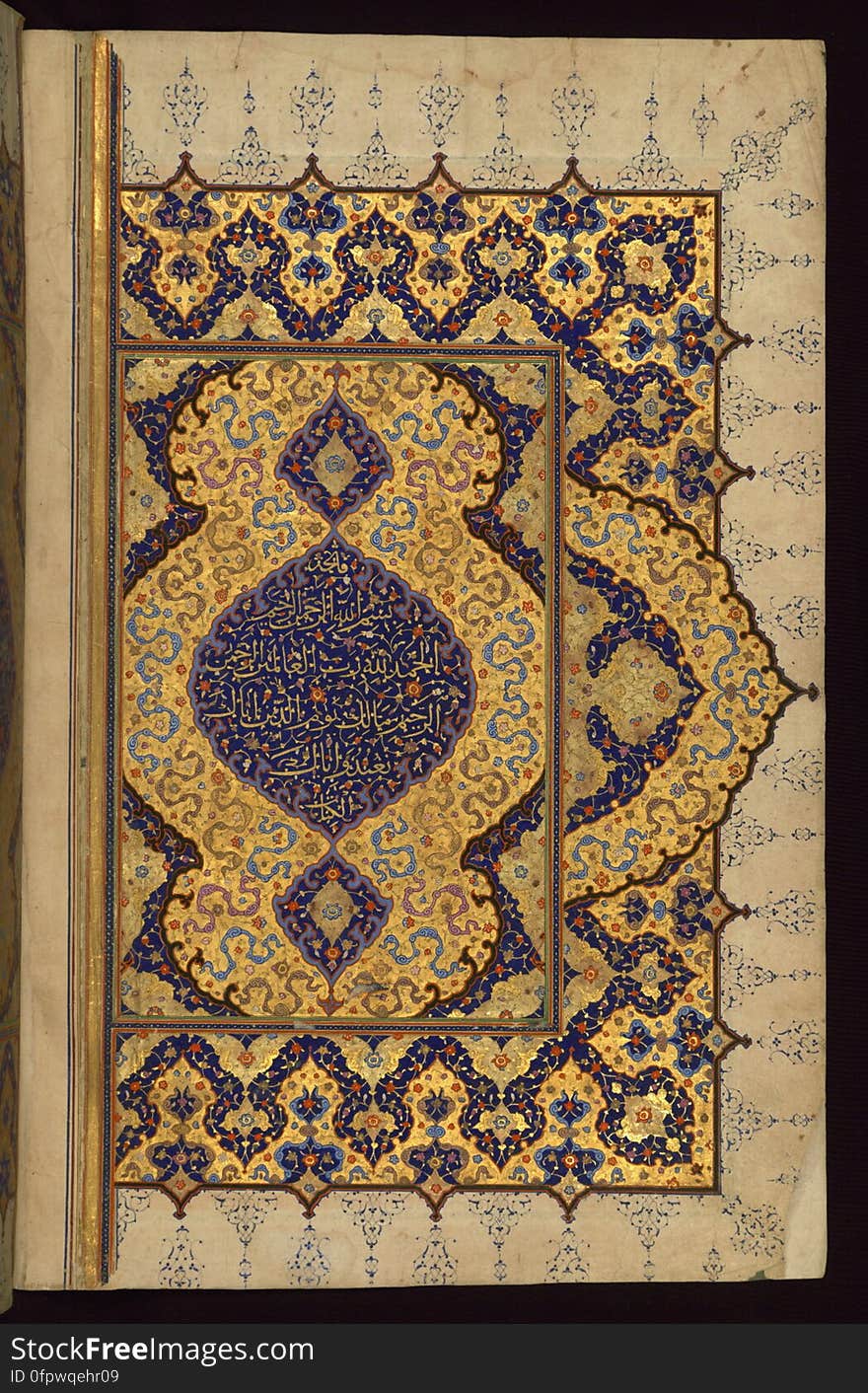 An illuminated large size copy of the Koran &#x28;Qur&#x27;an&#x29; produced in the 11th century AH / 17th CE in Iran. Apart from using a number of scripts, such as naskh, muḥaqqaq and tawqīʿ, this codex features six pairs of decorated pages, two illuminated headpieces, as well as illuminated chapter headings, cloud-bands, and marginal decoration. The black morocco binding has a central piece in the form of a diamond with pendants on four sides. The inner covers, having a traditional dentelle decoration, features text from the &#x22;the verse of the throne&#x22; &#x28;āyat al-kursī&#x29;, which is inscribed in the outer frame. The right side of a double-page opening decoration containing the text of the first chapter &#x28;Sūrat al-fātiḥah&#x29; inscribed in the center medallion in gold muḥaqqaq script on a blue background. An illuminated large size copy of the Koran &#x28;Qur&#x27;an&#x29; produced in the 11th century AH / 17th CE in Iran. Apart from using a number of scripts, such as naskh, muḥaqqaq and tawqīʿ, this codex features six pairs of decorated pages, two illuminated headpieces, as well as illuminated chapter headings, cloud-bands, and marginal decoration. The black morocco binding has a central piece in the form of a diamond with pendants on four sides. The inner covers, having a traditional dentelle decoration, features text from the &#x22;the verse of the throne&#x22; &#x28;āyat al-kursī&#x29;, which is inscribed in the outer frame. The right side of a double-page opening decoration containing the text of the first chapter &#x28;Sūrat al-fātiḥah&#x29; inscribed in the center medallion in gold muḥaqqaq script on a blue background.