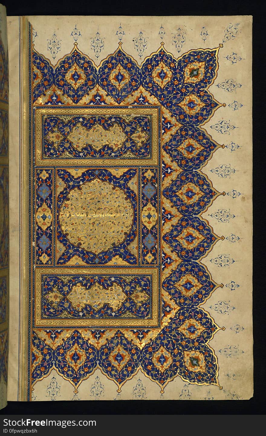 An illuminated large size copy of the Koran &#x28;Qur&#x27;an&#x29; produced in the 11th century AH / 17th CE in Iran. Apart from using a number of scripts, such as naskh, muḥaqqaq and tawqīʿ, this codex features six pairs of decorated pages, two illuminated headpieces, as well as illuminated chapter headings, cloud-bands, and marginal decoration. The black morocco binding has a central piece in the form of a diamond with pendants on four sides. The inner covers, having a traditional dentelle decoration, features text from the &#x22;the verse of the throne&#x22; &#x28;āyat al-kursī&#x29;, which is inscribed in the outer frame. Richly decorated page with a prayer to be recited at the end of the Qur&#x27;anic text. The prayer is inscribed in the center medallion in white muḥaqqaq script. An illuminated large size copy of the Koran &#x28;Qur&#x27;an&#x29; produced in the 11th century AH / 17th CE in Iran. Apart from using a number of scripts, such as naskh, muḥaqqaq and tawqīʿ, this codex features six pairs of decorated pages, two illuminated headpieces, as well as illuminated chapter headings, cloud-bands, and marginal decoration. The black morocco binding has a central piece in the form of a diamond with pendants on four sides. The inner covers, having a traditional dentelle decoration, features text from the &#x22;the verse of the throne&#x22; &#x28;āyat al-kursī&#x29;, which is inscribed in the outer frame. Richly decorated page with a prayer to be recited at the end of the Qur&#x27;anic text. The prayer is inscribed in the center medallion in white muḥaqqaq script.