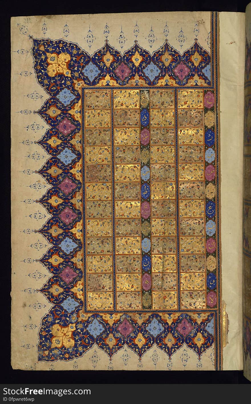 An illuminated large size copy of the Koran &#x28;Qur&#x27;an&#x29; produced in the 11th century AH / 17th CE in Iran. Apart from using a number of scripts, such as naskh, muḥaqqaq and tawqīʿ, this codex features six pairs of decorated pages, two illuminated headpieces, as well as illuminated chapter headings, cloud-bands, and marginal decoration. The black morocco binding has a central piece in the form of a diamond with pendants on four sides. The inner covers, having a traditional dentelle decoration, features text from the &#x22;the verse of the throne&#x22; &#x28;āyat al-kursī&#x29;, which is inscribed in the outer frame. The left side of a table of divination &#x28;bibliomancy or tafa&#x27;ul&#x29; in Arabic executed in tawqīʿ and Persian in nastaʿlīq scripts. An illuminated large size copy of the Koran &#x28;Qur&#x27;an&#x29; produced in the 11th century AH / 17th CE in Iran. Apart from using a number of scripts, such as naskh, muḥaqqaq and tawqīʿ, this codex features six pairs of decorated pages, two illuminated headpieces, as well as illuminated chapter headings, cloud-bands, and marginal decoration. The black morocco binding has a central piece in the form of a diamond with pendants on four sides. The inner covers, having a traditional dentelle decoration, features text from the &#x22;the verse of the throne&#x22; &#x28;āyat al-kursī&#x29;, which is inscribed in the outer frame. The left side of a table of divination &#x28;bibliomancy or tafa&#x27;ul&#x29; in Arabic executed in tawqīʿ and Persian in nastaʿlīq scripts.