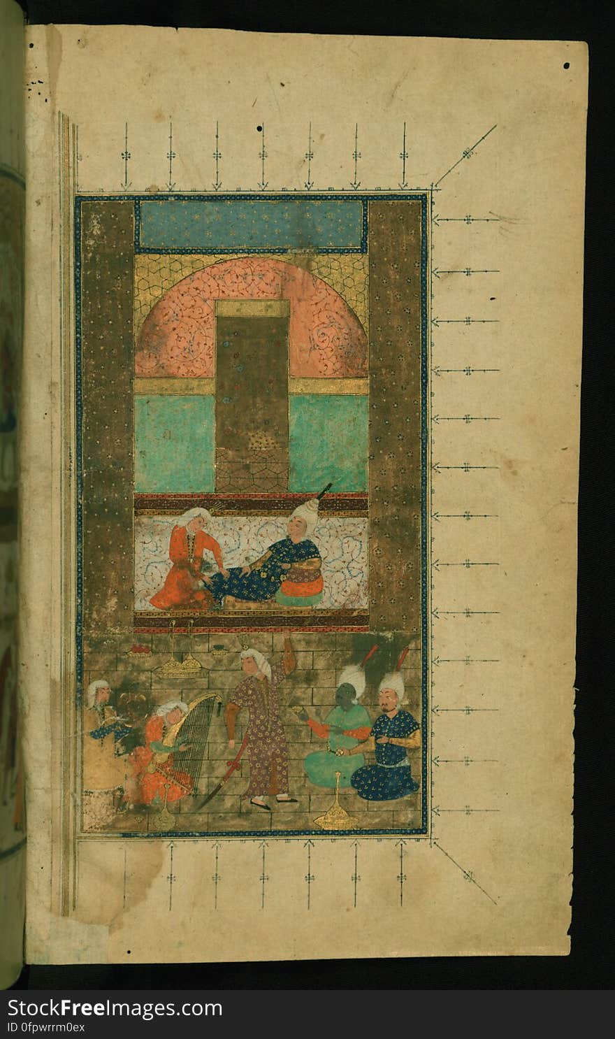 An illuminated and illustrated copy of the collected works of Sa`di &#x28;d.691/1292&#x29; &#x28;Kullīyāt-i Saʿdī&#x29; containing, among others, his Gulistān and Bustān. The present manuscript was penned by an anonymous calligrapher in Shiraz &#x28;Iran&#x29; in 934 AH / 1527 CE. A couple is entertained by a dancer and musicians. The page serves as the right side of a double-page illustrated frontispiece. See this manuscript page by page at the Walters Art Museum website: art.thewalters.org/viewwoa.aspx?id=22469. An illuminated and illustrated copy of the collected works of Sa`di &#x28;d.691/1292&#x29; &#x28;Kullīyāt-i Saʿdī&#x29; containing, among others, his Gulistān and Bustān. The present manuscript was penned by an anonymous calligrapher in Shiraz &#x28;Iran&#x29; in 934 AH / 1527 CE. A couple is entertained by a dancer and musicians. The page serves as the right side of a double-page illustrated frontispiece. See this manuscript page by page at the Walters Art Museum website: art.thewalters.org/viewwoa.aspx?id=22469