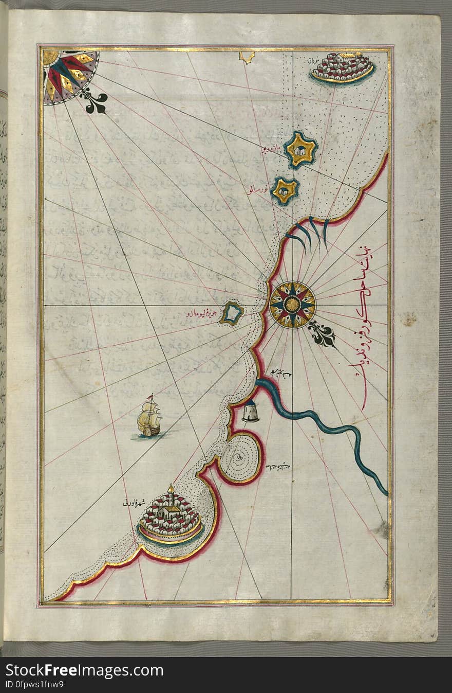 Originally composed in 932 AH / 1525 CE and dedicated to Sultan SÃ¼leyman I &#x28;&quot;The Magnificent&quot;&#x29;, this great work by Piri Reis &#x28;d. 962 AH / 1555 CE&#x29; on navigation was later revised and expanded. The present manuscript, made mostly in the late 11th AH / 17th CE century, is based on the later expanded version with some 240 exquisitely executed maps and portolan charts. They include a world map &#x28;fol.41a&#x29; with the outline of the Americas, as well as coastlines &#x28;bays, capes, peninsulas&#x29;, islands, mountains and cities of the Mediterranean basin and the Black Sea. The work starts with the description of the coastline of Anatolia and the islands of the Aegean Sea, the Peloponnese peninsula and eastern and western coasts of the Adriatic Sea. It then proceeds to describe the western shores of Italy, southern France, Spain, North Africa, Palestine, Israel, Lebanon, Syria, western Anatolia, various islands north of Crete, Sea of Marmara, Bosporus and the Black Sea. It ends with a map of the shores of the the Caspian Sea &#x28;fol.374a&#x29;. See this manuscript page by page at the Walters Art Museum website: art.thewalters.org/viewwoa.aspx?id=19195. Originally composed in 932 AH / 1525 CE and dedicated to Sultan SÃ¼leyman I &#x28;&quot;The Magnificent&quot;&#x29;, this great work by Piri Reis &#x28;d. 962 AH / 1555 CE&#x29; on navigation was later revised and expanded. The present manuscript, made mostly in the late 11th AH / 17th CE century, is based on the later expanded version with some 240 exquisitely executed maps and portolan charts. They include a world map &#x28;fol.41a&#x29; with the outline of the Americas, as well as coastlines &#x28;bays, capes, peninsulas&#x29;, islands, mountains and cities of the Mediterranean basin and the Black Sea. The work starts with the description of the coastline of Anatolia and the islands of the Aegean Sea, the Peloponnese peninsula and eastern and western coasts of the Adriatic Sea. It then proceeds to describe the western shores of Italy, southern France, Spain, North Africa, Palestine, Israel, Lebanon, Syria, western Anatolia, various islands north of Crete, Sea of Marmara, Bosporus and the Black Sea. It ends with a map of the shores of the the Caspian Sea &#x28;fol.374a&#x29;. See this manuscript page by page at the Walters Art Museum website: art.thewalters.org/viewwoa.aspx?id=19195