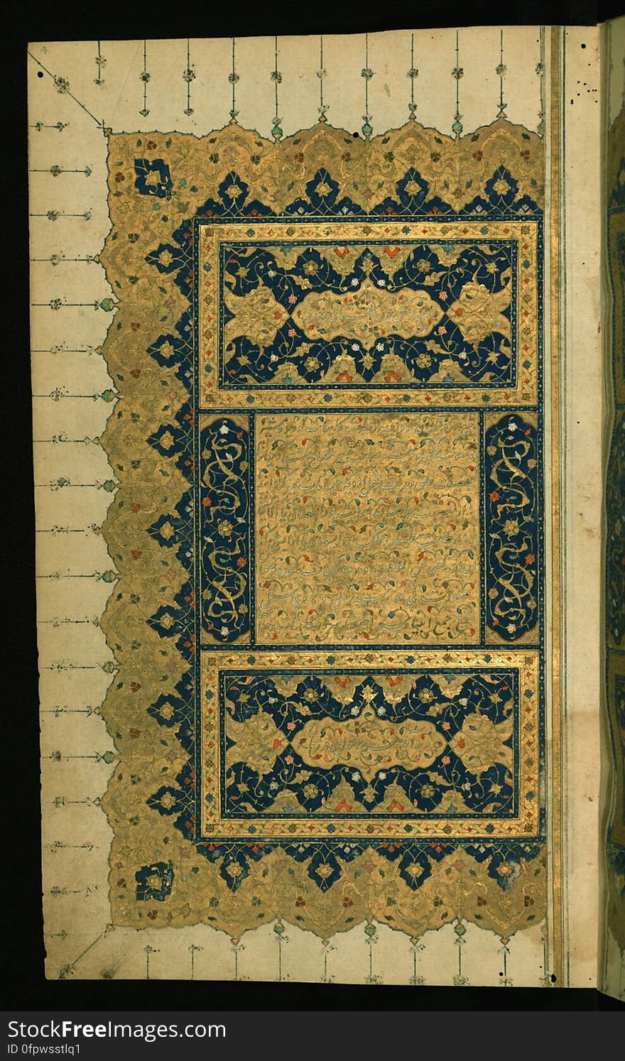 An illuminated and illustrated copy of the collected works of Sa`di &#x28;d.691/1292&#x29; &#x28;Kullīyāt-i Saʿdī&#x29; containing, among others, his Gulistān and Bustān. The present manuscript was penned by an anonymous calligrapher in Shiraz &#x28;Iran&#x29; in 934 AH / 1527 CE. Left side of an illuminated double-page with verses in honor of Saʿdī. See this manuscript page by page at the Walters Art Museum website: art.thewalters.org/viewwoa.aspx?id=22469. An illuminated and illustrated copy of the collected works of Sa`di &#x28;d.691/1292&#x29; &#x28;Kullīyāt-i Saʿdī&#x29; containing, among others, his Gulistān and Bustān. The present manuscript was penned by an anonymous calligrapher in Shiraz &#x28;Iran&#x29; in 934 AH / 1527 CE. Left side of an illuminated double-page with verses in honor of Saʿdī. See this manuscript page by page at the Walters Art Museum website: art.thewalters.org/viewwoa.aspx?id=22469