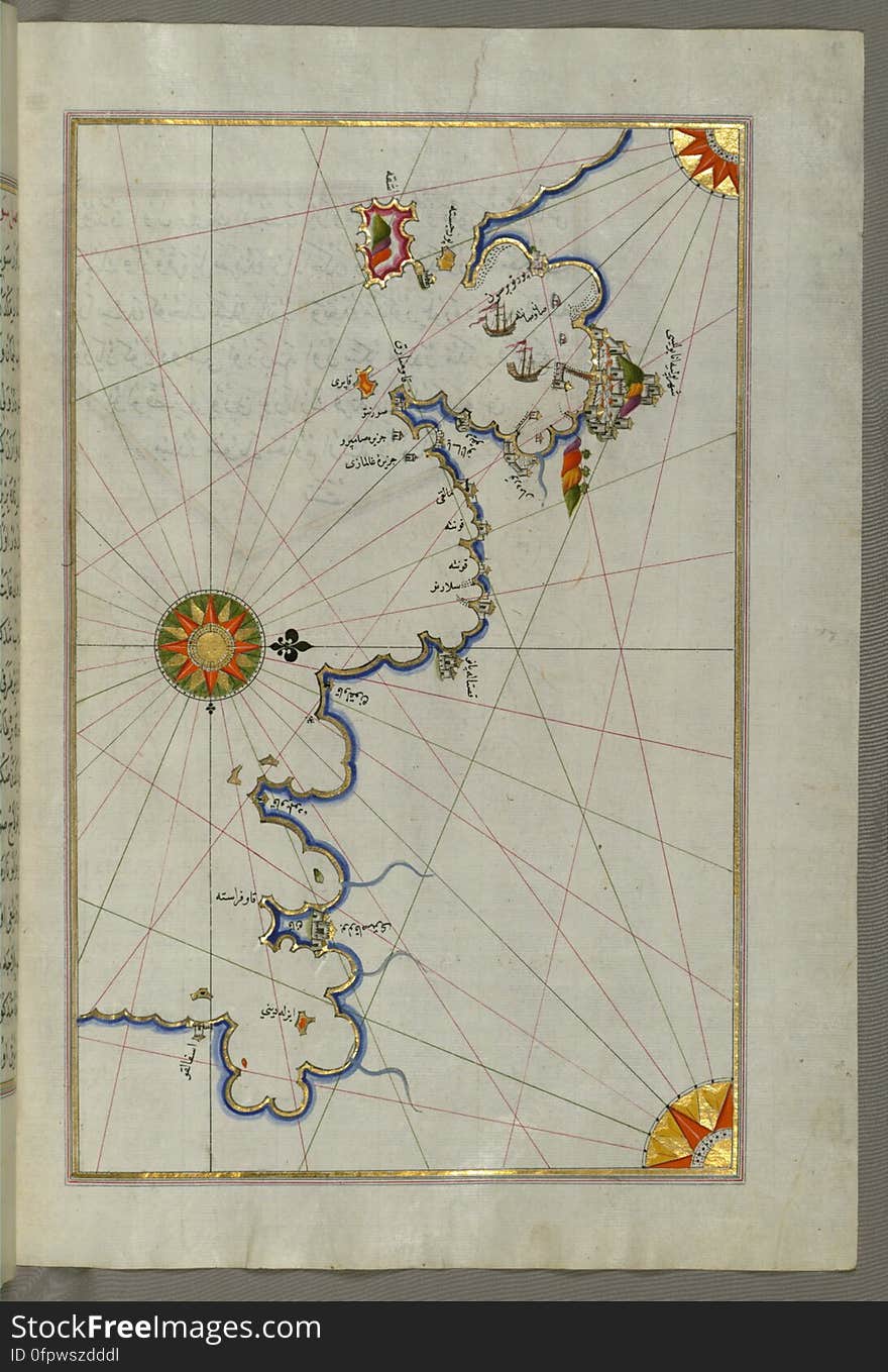 Originally composed in 932 AH / 1525 CE and dedicated to Sultan Süleyman I &#x28;&quot;The Magnificent&quot;&#x29;, this great work by Piri Reis &#x28;d. 962 AH / 1555 CE&#x29; on navigation was later revised and expanded. The present manuscript, made mostly in the late 11th AH / 17th CE century, is based on the later expanded version with some 240 exquisitely executed maps and portolan charts. They include a world map &#x28;fol.41a&#x29; with the outline of the Americas, as well as coastlines &#x28;bays, capes, peninsulas&#x29;, islands, mountains and cities of the Mediterranean basin and the Black Sea. The work starts with the description of the coastline of Anatolia and the islands of the Aegean Sea, the Peloponnese peninsula and eastern and western coasts of the Adriatic Sea. It then proceeds to describe the western shores of Italy, southern France, Spain, North Africa, Palestine, Israel, Lebanon, Syria, western Anatolia, various islands north of Crete, Sea of Marmara, Bosporus and the Black Sea. It ends with a map of the shores of the the Caspian Sea &#x28;fol.374a&#x29;. See this manuscript page by page at the Walters Art Museum website: art.thewalters.org/viewwoa.aspx?id=19195. Originally composed in 932 AH / 1525 CE and dedicated to Sultan Süleyman I &#x28;&quot;The Magnificent&quot;&#x29;, this great work by Piri Reis &#x28;d. 962 AH / 1555 CE&#x29; on navigation was later revised and expanded. The present manuscript, made mostly in the late 11th AH / 17th CE century, is based on the later expanded version with some 240 exquisitely executed maps and portolan charts. They include a world map &#x28;fol.41a&#x29; with the outline of the Americas, as well as coastlines &#x28;bays, capes, peninsulas&#x29;, islands, mountains and cities of the Mediterranean basin and the Black Sea. The work starts with the description of the coastline of Anatolia and the islands of the Aegean Sea, the Peloponnese peninsula and eastern and western coasts of the Adriatic Sea. It then proceeds to describe the western shores of Italy, southern France, Spain, North Africa, Palestine, Israel, Lebanon, Syria, western Anatolia, various islands north of Crete, Sea of Marmara, Bosporus and the Black Sea. It ends with a map of the shores of the the Caspian Sea &#x28;fol.374a&#x29;. See this manuscript page by page at the Walters Art Museum website: art.thewalters.org/viewwoa.aspx?id=19195