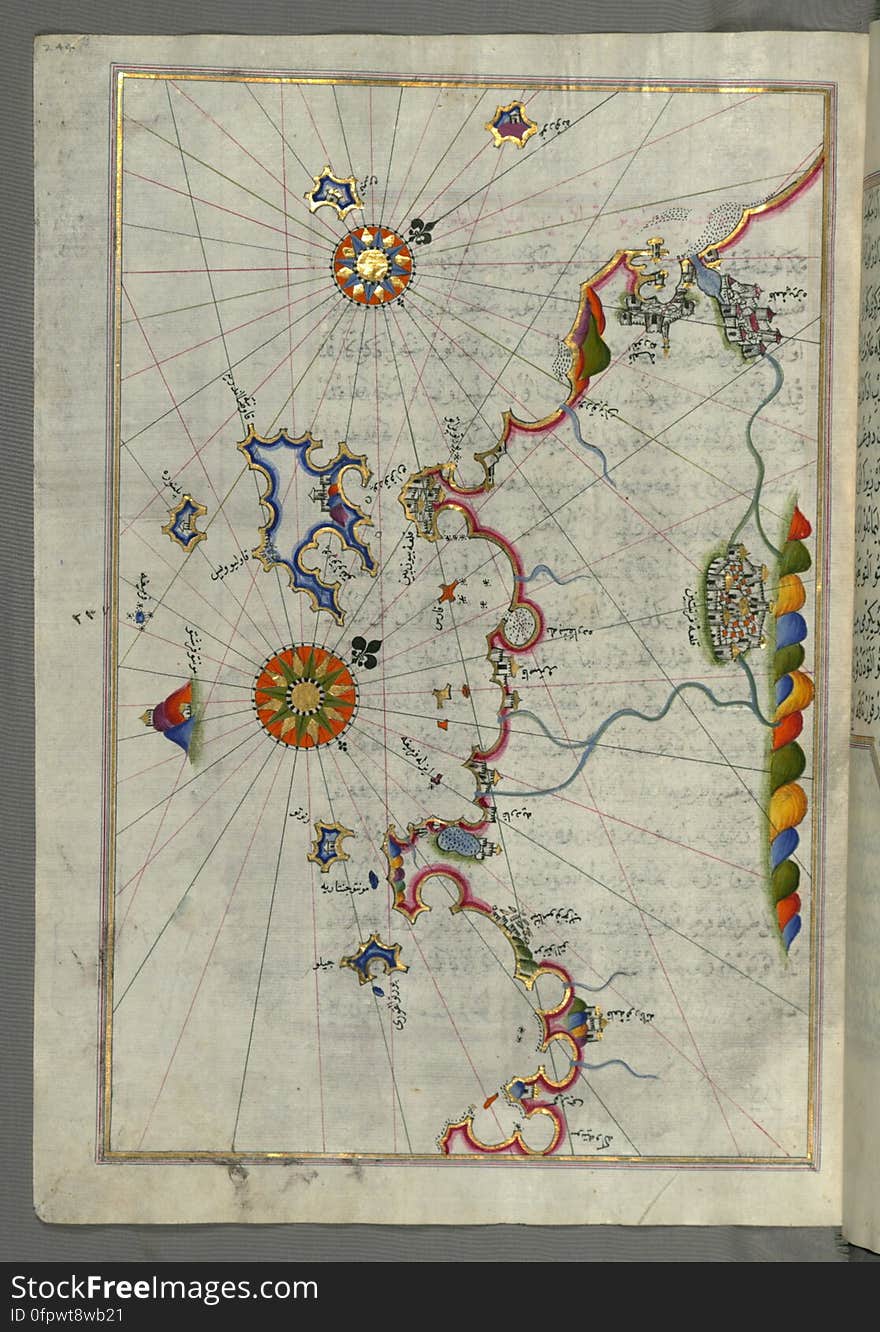 Originally composed in 932 AH / 1525 CE and dedicated to Sultan Süleyman I &#x28;&quot;The Magnificent&quot;&#x29;, this great work by Piri Reis &#x28;d. 962 AH / 1555 CE&#x29; on navigation was later revised and expanded. The present manuscript, made mostly in the late 11th AH / 17th CE century, is based on the later expanded version with some 240 exquisitely executed maps and portolan charts. They include a world map &#x28;fol.41a&#x29; with the outline of the Americas, as well as coastlines &#x28;bays, capes, peninsulas&#x29;, islands, mountains and cities of the Mediterranean basin and the Black Sea. The work starts with the description of the coastline of Anatolia and the islands of the Aegean Sea, the Peloponnese peninsula and eastern and western coasts of the Adriatic Sea. It then proceeds to describe the western shores of Italy, southern France, Spain, North Africa, Palestine, Israel, Lebanon, Syria, western Anatolia, various islands north of Crete, Sea of Marmara, Bosporus and the Black Sea. It ends with a map of the shores of the the Caspian Sea &#x28;fol.374a&#x29;. See this manuscript page by page at the Walters Art Museum website: art.thewalters.org/viewwoa.aspx?id=19195. Originally composed in 932 AH / 1525 CE and dedicated to Sultan Süleyman I &#x28;&quot;The Magnificent&quot;&#x29;, this great work by Piri Reis &#x28;d. 962 AH / 1555 CE&#x29; on navigation was later revised and expanded. The present manuscript, made mostly in the late 11th AH / 17th CE century, is based on the later expanded version with some 240 exquisitely executed maps and portolan charts. They include a world map &#x28;fol.41a&#x29; with the outline of the Americas, as well as coastlines &#x28;bays, capes, peninsulas&#x29;, islands, mountains and cities of the Mediterranean basin and the Black Sea. The work starts with the description of the coastline of Anatolia and the islands of the Aegean Sea, the Peloponnese peninsula and eastern and western coasts of the Adriatic Sea. It then proceeds to describe the western shores of Italy, southern France, Spain, North Africa, Palestine, Israel, Lebanon, Syria, western Anatolia, various islands north of Crete, Sea of Marmara, Bosporus and the Black Sea. It ends with a map of the shores of the the Caspian Sea &#x28;fol.374a&#x29;. See this manuscript page by page at the Walters Art Museum website: art.thewalters.org/viewwoa.aspx?id=19195