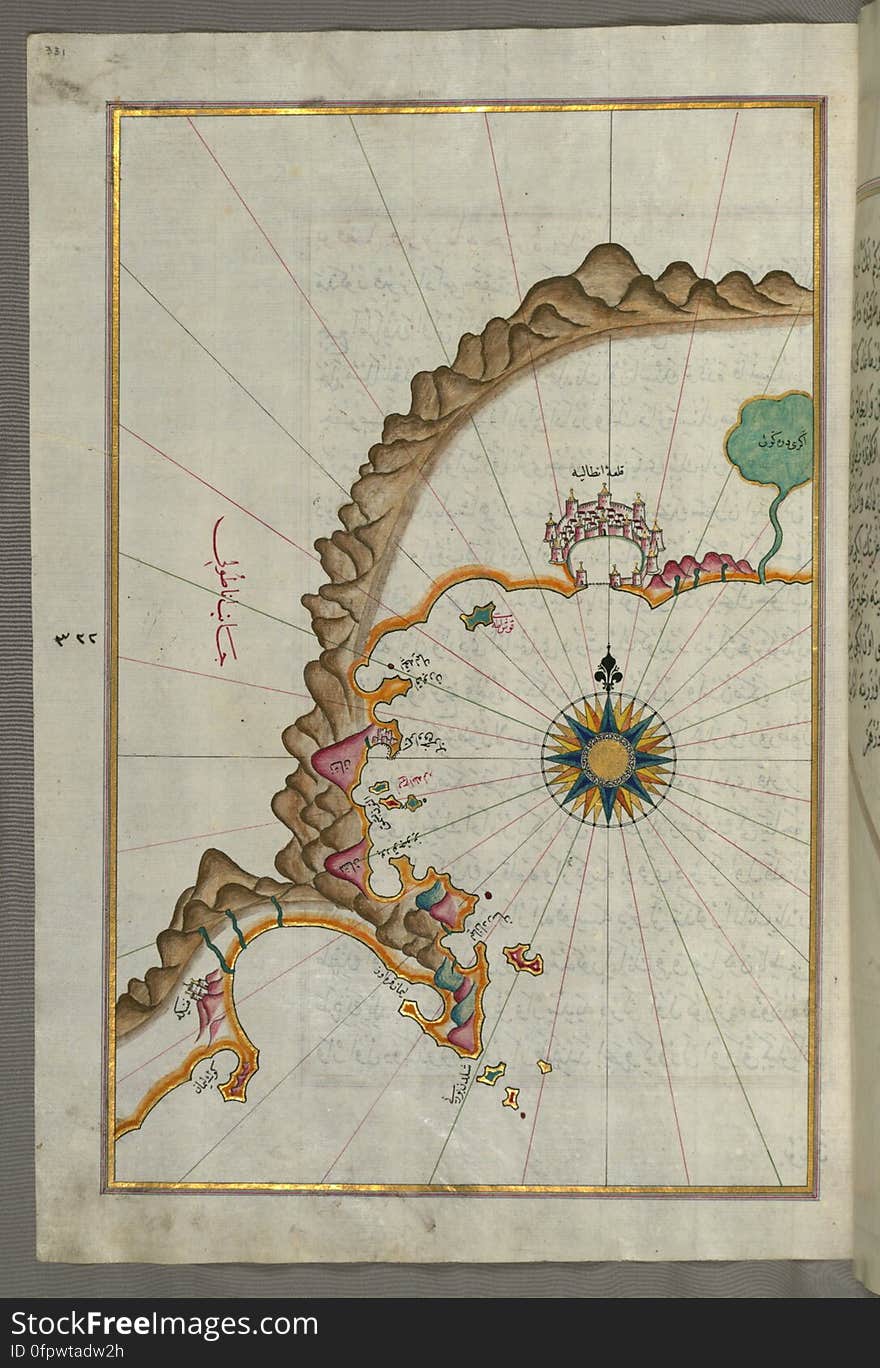 Originally composed in 932 AH / 1525 CE and dedicated to Sultan Süleyman I &#x28;&quot;The Magnificent&quot;&#x29;, this great work by Piri Reis &#x28;d. 962 AH / 1555 CE&#x29; on navigation was later revised and expanded. The present manuscript, made mostly in the late 11th AH / 17th CE century, is based on the later expanded version with some 240 exquisitely executed maps and portolan charts. They include a world map &#x28;fol.41a&#x29; with the outline of the Americas, as well as coastlines &#x28;bays, capes, peninsulas&#x29;, islands, mountains and cities of the Mediterranean basin and the Black Sea. The work starts with the description of the coastline of Anatolia and the islands of the Aegean Sea, the Peloponnese peninsula and eastern and western coasts of the Adriatic Sea. It then proceeds to describe the western shores of Italy, southern France, Spain, North Africa, Palestine, Israel, Lebanon, Syria, western Anatolia, various islands north of Crete, Sea of Marmara, Bosporus and the Black Sea. It ends with a map of the shores of the the Caspian Sea &#x28;fol.374a&#x29;. See this manuscript page by page at the Walters Art Museum website: art.thewalters.org/viewwoa.aspx?id=19195. Originally composed in 932 AH / 1525 CE and dedicated to Sultan Süleyman I &#x28;&quot;The Magnificent&quot;&#x29;, this great work by Piri Reis &#x28;d. 962 AH / 1555 CE&#x29; on navigation was later revised and expanded. The present manuscript, made mostly in the late 11th AH / 17th CE century, is based on the later expanded version with some 240 exquisitely executed maps and portolan charts. They include a world map &#x28;fol.41a&#x29; with the outline of the Americas, as well as coastlines &#x28;bays, capes, peninsulas&#x29;, islands, mountains and cities of the Mediterranean basin and the Black Sea. The work starts with the description of the coastline of Anatolia and the islands of the Aegean Sea, the Peloponnese peninsula and eastern and western coasts of the Adriatic Sea. It then proceeds to describe the western shores of Italy, southern France, Spain, North Africa, Palestine, Israel, Lebanon, Syria, western Anatolia, various islands north of Crete, Sea of Marmara, Bosporus and the Black Sea. It ends with a map of the shores of the the Caspian Sea &#x28;fol.374a&#x29;. See this manuscript page by page at the Walters Art Museum website: art.thewalters.org/viewwoa.aspx?id=19195