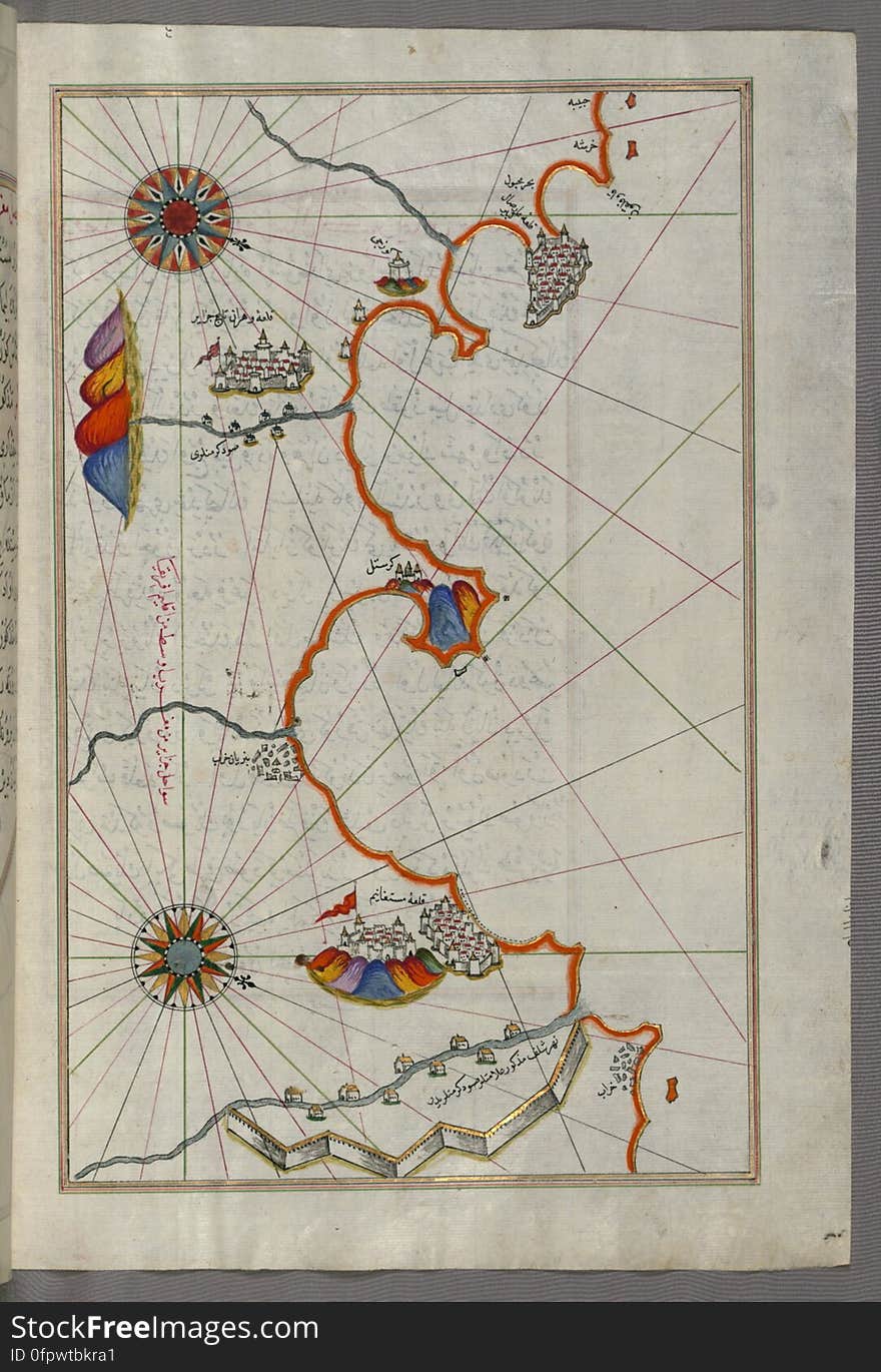 Originally composed in 932 AH / 1525 CE and dedicated to Sultan Süleyman I &#x28;&quot;The Magnificent&quot;&#x29;, this great work by Piri Reis &#x28;d. 962 AH / 1555 CE&#x29; on navigation was later revised and expanded. The present manuscript, made mostly in the late 11th AH / 17th CE century, is based on the later expanded version with some 240 exquisitely executed maps and portolan charts. They include a world map &#x28;fol.41a&#x29; with the outline of the Americas, as well as coastlines &#x28;bays, capes, peninsulas&#x29;, islands, mountains and cities of the Mediterranean basin and the Black Sea. The work starts with the description of the coastline of Anatolia and the islands of the Aegean Sea, the Peloponnese peninsula and eastern and western coasts of the Adriatic Sea. It then proceeds to describe the western shores of Italy, southern France, Spain, North Africa, Palestine, Israel, Lebanon, Syria, western Anatolia, various islands north of Crete, Sea of Marmara, Bosporus and the Black Sea. It ends with a map of the shores of the the Caspian Sea &#x28;fol.374a&#x29;. See this manuscript page by page at the Walters Art Museum website: art.thewalters.org/viewwoa.aspx?id=19195. Originally composed in 932 AH / 1525 CE and dedicated to Sultan Süleyman I &#x28;&quot;The Magnificent&quot;&#x29;, this great work by Piri Reis &#x28;d. 962 AH / 1555 CE&#x29; on navigation was later revised and expanded. The present manuscript, made mostly in the late 11th AH / 17th CE century, is based on the later expanded version with some 240 exquisitely executed maps and portolan charts. They include a world map &#x28;fol.41a&#x29; with the outline of the Americas, as well as coastlines &#x28;bays, capes, peninsulas&#x29;, islands, mountains and cities of the Mediterranean basin and the Black Sea. The work starts with the description of the coastline of Anatolia and the islands of the Aegean Sea, the Peloponnese peninsula and eastern and western coasts of the Adriatic Sea. It then proceeds to describe the western shores of Italy, southern France, Spain, North Africa, Palestine, Israel, Lebanon, Syria, western Anatolia, various islands north of Crete, Sea of Marmara, Bosporus and the Black Sea. It ends with a map of the shores of the the Caspian Sea &#x28;fol.374a&#x29;. See this manuscript page by page at the Walters Art Museum website: art.thewalters.org/viewwoa.aspx?id=19195