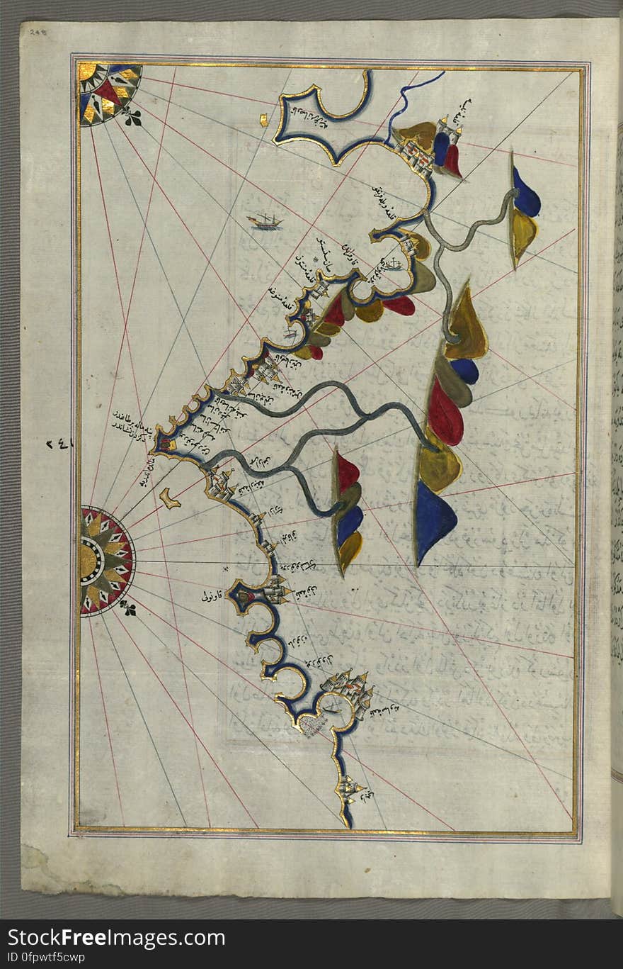 Originally composed in 932 AH / 1525 CE and dedicated to Sultan Süleyman I &#x28;&quot;The Magnificent&quot;&#x29;, this great work by Piri Reis &#x28;d. 962 AH / 1555 CE&#x29; on navigation was later revised and expanded. The present manuscript, made mostly in the late 11th AH / 17th CE century, is based on the later expanded version with some 240 exquisitely executed maps and portolan charts. They include a world map &#x28;fol.41a&#x29; with the outline of the Americas, as well as coastlines &#x28;bays, capes, peninsulas&#x29;, islands, mountains and cities of the Mediterranean basin and the Black Sea. The work starts with the description of the coastline of Anatolia and the islands of the Aegean Sea, the Peloponnese peninsula and eastern and western coasts of the Adriatic Sea. It then proceeds to describe the western shores of Italy, southern France, Spain, North Africa, Palestine, Israel, Lebanon, Syria, western Anatolia, various islands north of Crete, Sea of Marmara, Bosporus and the Black Sea. It ends with a map of the shores of the the Caspian Sea &#x28;fol.374a&#x29;. See this manuscript page by page at the Walters Art Museum website: art.thewalters.org/viewwoa.aspx?id=19195. Originally composed in 932 AH / 1525 CE and dedicated to Sultan Süleyman I &#x28;&quot;The Magnificent&quot;&#x29;, this great work by Piri Reis &#x28;d. 962 AH / 1555 CE&#x29; on navigation was later revised and expanded. The present manuscript, made mostly in the late 11th AH / 17th CE century, is based on the later expanded version with some 240 exquisitely executed maps and portolan charts. They include a world map &#x28;fol.41a&#x29; with the outline of the Americas, as well as coastlines &#x28;bays, capes, peninsulas&#x29;, islands, mountains and cities of the Mediterranean basin and the Black Sea. The work starts with the description of the coastline of Anatolia and the islands of the Aegean Sea, the Peloponnese peninsula and eastern and western coasts of the Adriatic Sea. It then proceeds to describe the western shores of Italy, southern France, Spain, North Africa, Palestine, Israel, Lebanon, Syria, western Anatolia, various islands north of Crete, Sea of Marmara, Bosporus and the Black Sea. It ends with a map of the shores of the the Caspian Sea &#x28;fol.374a&#x29;. See this manuscript page by page at the Walters Art Museum website: art.thewalters.org/viewwoa.aspx?id=19195