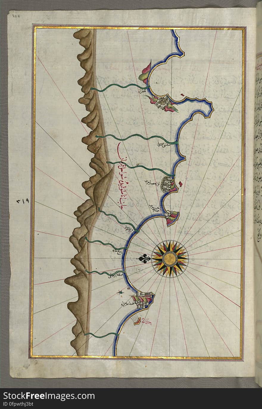 Originally composed in 932 AH / 1525 CE and dedicated to Sultan Süleyman I &#x28;&quot;The Magnificent&quot;&#x29;, this great work by Piri Reis &#x28;d. 962 AH / 1555 CE&#x29; on navigation was later revised and expanded. The present manuscript, made mostly in the late 11th AH / 17th CE century, is based on the later expanded version with some 240 exquisitely executed maps and portolan charts. They include a world map &#x28;fol.41a&#x29; with the outline of the Americas, as well as coastlines &#x28;bays, capes, peninsulas&#x29;, islands, mountains and cities of the Mediterranean basin and the Black Sea. The work starts with the description of the coastline of Anatolia and the islands of the Aegean Sea, the Peloponnese peninsula and eastern and western coasts of the Adriatic Sea. It then proceeds to describe the western shores of Italy, southern France, Spain, North Africa, Palestine, Israel, Lebanon, Syria, western Anatolia, various islands north of Crete, Sea of Marmara, Bosporus and the Black Sea. It ends with a map of the shores of the the Caspian Sea &#x28;fol.374a&#x29;. See this manuscript page by page at the Walters Art Museum website: art.thewalters.org/viewwoa.aspx?id=19195. Originally composed in 932 AH / 1525 CE and dedicated to Sultan Süleyman I &#x28;&quot;The Magnificent&quot;&#x29;, this great work by Piri Reis &#x28;d. 962 AH / 1555 CE&#x29; on navigation was later revised and expanded. The present manuscript, made mostly in the late 11th AH / 17th CE century, is based on the later expanded version with some 240 exquisitely executed maps and portolan charts. They include a world map &#x28;fol.41a&#x29; with the outline of the Americas, as well as coastlines &#x28;bays, capes, peninsulas&#x29;, islands, mountains and cities of the Mediterranean basin and the Black Sea. The work starts with the description of the coastline of Anatolia and the islands of the Aegean Sea, the Peloponnese peninsula and eastern and western coasts of the Adriatic Sea. It then proceeds to describe the western shores of Italy, southern France, Spain, North Africa, Palestine, Israel, Lebanon, Syria, western Anatolia, various islands north of Crete, Sea of Marmara, Bosporus and the Black Sea. It ends with a map of the shores of the the Caspian Sea &#x28;fol.374a&#x29;. See this manuscript page by page at the Walters Art Museum website: art.thewalters.org/viewwoa.aspx?id=19195