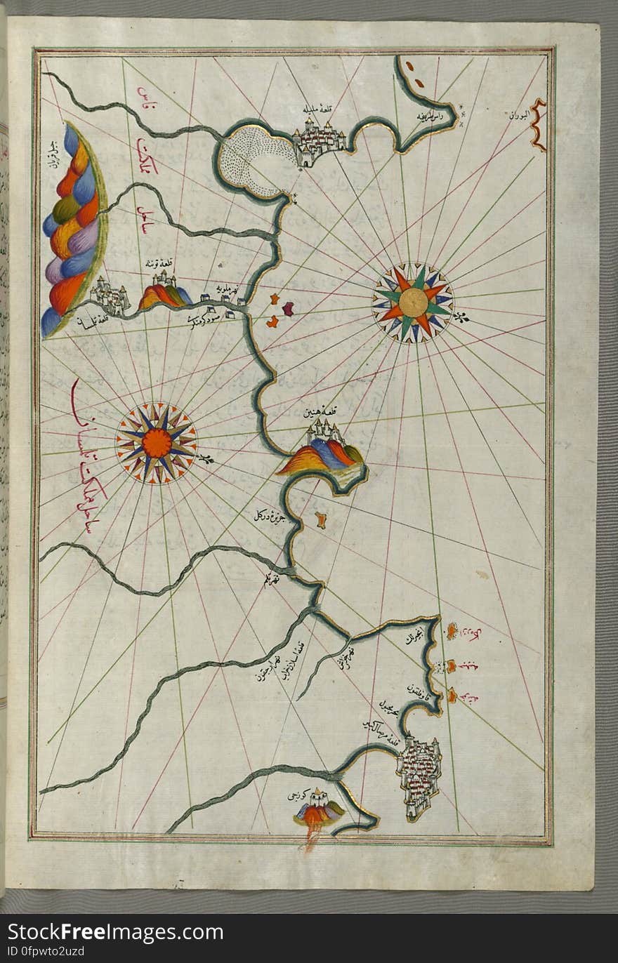 Originally composed in 932 AH / 1525 CE and dedicated to Sultan Süleyman I &#x28;&quot;The Magnificent&quot;&#x29;, this great work by Piri Reis &#x28;d. 962 AH / 1555 CE&#x29; on navigation was later revised and expanded. The present manuscript, made mostly in the late 11th AH / 17th CE century, is based on the later expanded version with some 240 exquisitely executed maps and portolan charts. They include a world map &#x28;fol.41a&#x29; with the outline of the Americas, as well as coastlines &#x28;bays, capes, peninsulas&#x29;, islands, mountains and cities of the Mediterranean basin and the Black Sea. The work starts with the description of the coastline of Anatolia and the islands of the Aegean Sea, the Peloponnese peninsula and eastern and western coasts of the Adriatic Sea. It then proceeds to describe the western shores of Italy, southern France, Spain, North Africa, Palestine, Israel, Lebanon, Syria, western Anatolia, various islands north of Crete, Sea of Marmara, Bosporus and the Black Sea. It ends with a map of the shores of the the Caspian Sea &#x28;fol.374a&#x29;. See this manuscript page by page at the Walters Art Museum website: art.thewalters.org/viewwoa.aspx?id=19195. Originally composed in 932 AH / 1525 CE and dedicated to Sultan Süleyman I &#x28;&quot;The Magnificent&quot;&#x29;, this great work by Piri Reis &#x28;d. 962 AH / 1555 CE&#x29; on navigation was later revised and expanded. The present manuscript, made mostly in the late 11th AH / 17th CE century, is based on the later expanded version with some 240 exquisitely executed maps and portolan charts. They include a world map &#x28;fol.41a&#x29; with the outline of the Americas, as well as coastlines &#x28;bays, capes, peninsulas&#x29;, islands, mountains and cities of the Mediterranean basin and the Black Sea. The work starts with the description of the coastline of Anatolia and the islands of the Aegean Sea, the Peloponnese peninsula and eastern and western coasts of the Adriatic Sea. It then proceeds to describe the western shores of Italy, southern France, Spain, North Africa, Palestine, Israel, Lebanon, Syria, western Anatolia, various islands north of Crete, Sea of Marmara, Bosporus and the Black Sea. It ends with a map of the shores of the the Caspian Sea &#x28;fol.374a&#x29;. See this manuscript page by page at the Walters Art Museum website: art.thewalters.org/viewwoa.aspx?id=19195