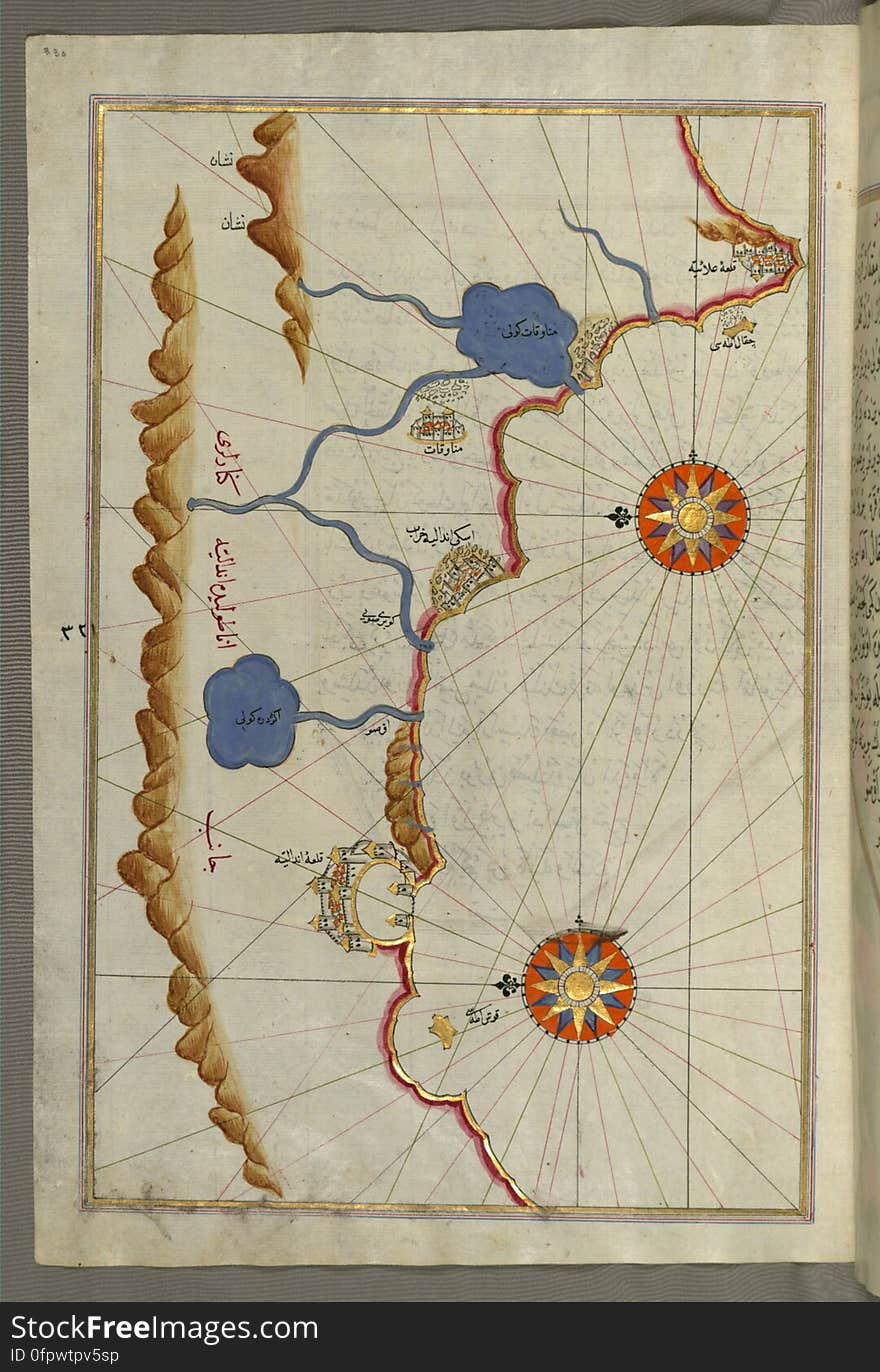 Originally composed in 932 AH / 1525 CE and dedicated to Sultan Süleyman I &#x28;&quot;The Magnificent&quot;&#x29;, this great work by Piri Reis &#x28;d. 962 AH / 1555 CE&#x29; on navigation was later revised and expanded. The present manuscript, made mostly in the late 11th AH / 17th CE century, is based on the later expanded version with some 240 exquisitely executed maps and portolan charts. They include a world map &#x28;fol.41a&#x29; with the outline of the Americas, as well as coastlines &#x28;bays, capes, peninsulas&#x29;, islands, mountains and cities of the Mediterranean basin and the Black Sea. The work starts with the description of the coastline of Anatolia and the islands of the Aegean Sea, the Peloponnese peninsula and eastern and western coasts of the Adriatic Sea. It then proceeds to describe the western shores of Italy, southern France, Spain, North Africa, Palestine, Israel, Lebanon, Syria, western Anatolia, various islands north of Crete, Sea of Marmara, Bosporus and the Black Sea. It ends with a map of the shores of the the Caspian Sea &#x28;fol.374a&#x29;. See this manuscript page by page at the Walters Art Museum website: art.thewalters.org/viewwoa.aspx?id=19195. Originally composed in 932 AH / 1525 CE and dedicated to Sultan Süleyman I &#x28;&quot;The Magnificent&quot;&#x29;, this great work by Piri Reis &#x28;d. 962 AH / 1555 CE&#x29; on navigation was later revised and expanded. The present manuscript, made mostly in the late 11th AH / 17th CE century, is based on the later expanded version with some 240 exquisitely executed maps and portolan charts. They include a world map &#x28;fol.41a&#x29; with the outline of the Americas, as well as coastlines &#x28;bays, capes, peninsulas&#x29;, islands, mountains and cities of the Mediterranean basin and the Black Sea. The work starts with the description of the coastline of Anatolia and the islands of the Aegean Sea, the Peloponnese peninsula and eastern and western coasts of the Adriatic Sea. It then proceeds to describe the western shores of Italy, southern France, Spain, North Africa, Palestine, Israel, Lebanon, Syria, western Anatolia, various islands north of Crete, Sea of Marmara, Bosporus and the Black Sea. It ends with a map of the shores of the the Caspian Sea &#x28;fol.374a&#x29;. See this manuscript page by page at the Walters Art Museum website: art.thewalters.org/viewwoa.aspx?id=19195