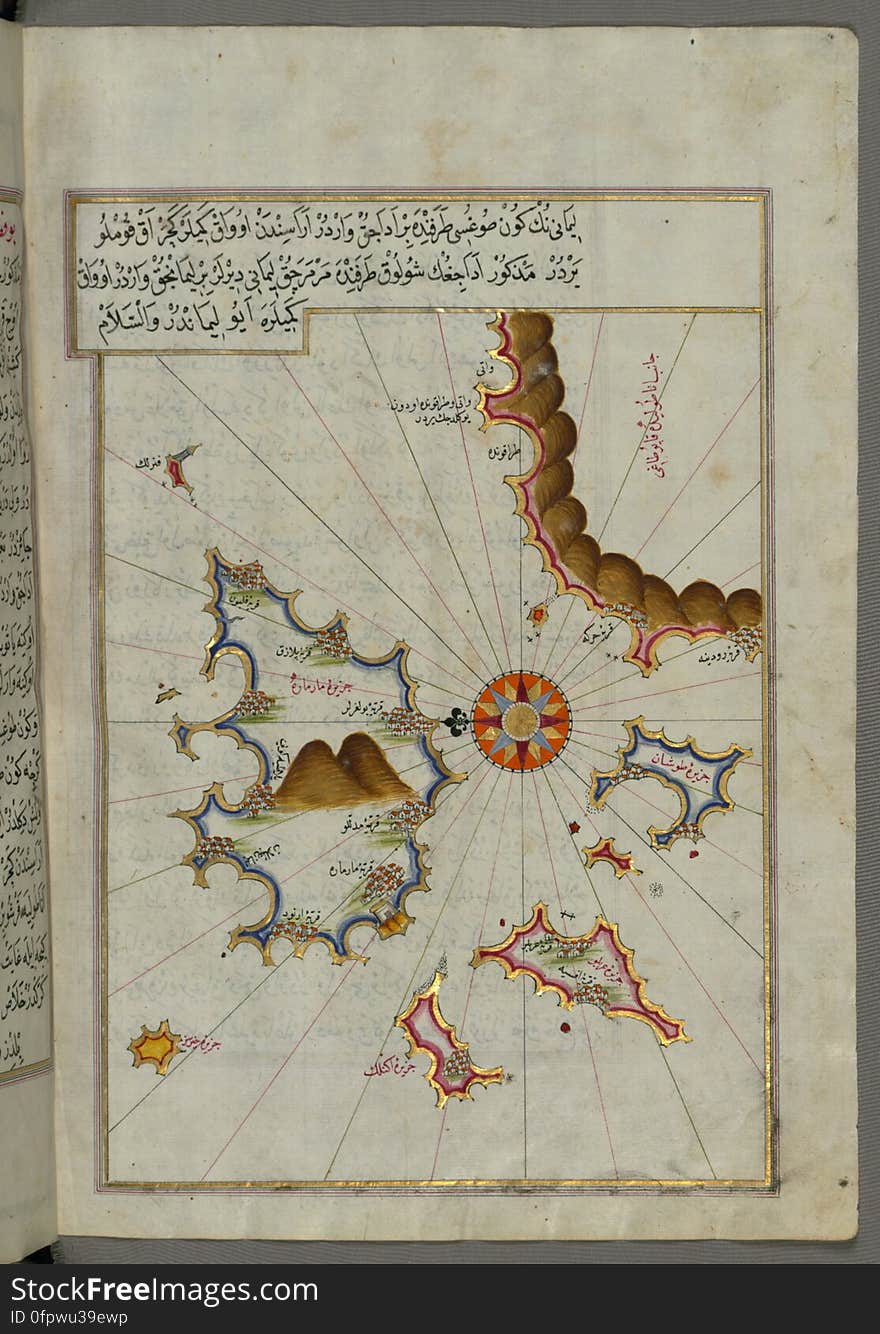 Originally composed in 932 AH / 1525 CE and dedicated to Sultan Süleyman I &#x28;&quot;The Magnificent&quot;&#x29;, this great work by Piri Reis &#x28;d. 962 AH / 1555 CE&#x29; on navigation was later revised and expanded. The present manuscript, made mostly in the late 11th AH / 17th CE century, is based on the later expanded version with some 240 exquisitely executed maps and portolan charts. They include a world map &#x28;fol.41a&#x29; with the outline of the Americas, as well as coastlines &#x28;bays, capes, peninsulas&#x29;, islands, mountains and cities of the Mediterranean basin and the Black Sea. The work starts with the description of the coastline of Anatolia and the islands of the Aegean Sea, the Peloponnese peninsula and eastern and western coasts of the Adriatic Sea. It then proceeds to describe the western shores of Italy, southern France, Spain, North Africa, Palestine, Israel, Lebanon, Syria, western Anatolia, various islands north of Crete, Sea of Marmara, Bosporus and the Black Sea. It ends with a map of the shores of the the Caspian Sea &#x28;fol.374a&#x29;. See this manuscript page by page at the Walters Art Museum website: art.thewalters.org/viewwoa.aspx?id=19195. Originally composed in 932 AH / 1525 CE and dedicated to Sultan Süleyman I &#x28;&quot;The Magnificent&quot;&#x29;, this great work by Piri Reis &#x28;d. 962 AH / 1555 CE&#x29; on navigation was later revised and expanded. The present manuscript, made mostly in the late 11th AH / 17th CE century, is based on the later expanded version with some 240 exquisitely executed maps and portolan charts. They include a world map &#x28;fol.41a&#x29; with the outline of the Americas, as well as coastlines &#x28;bays, capes, peninsulas&#x29;, islands, mountains and cities of the Mediterranean basin and the Black Sea. The work starts with the description of the coastline of Anatolia and the islands of the Aegean Sea, the Peloponnese peninsula and eastern and western coasts of the Adriatic Sea. It then proceeds to describe the western shores of Italy, southern France, Spain, North Africa, Palestine, Israel, Lebanon, Syria, western Anatolia, various islands north of Crete, Sea of Marmara, Bosporus and the Black Sea. It ends with a map of the shores of the the Caspian Sea &#x28;fol.374a&#x29;. See this manuscript page by page at the Walters Art Museum website: art.thewalters.org/viewwoa.aspx?id=19195