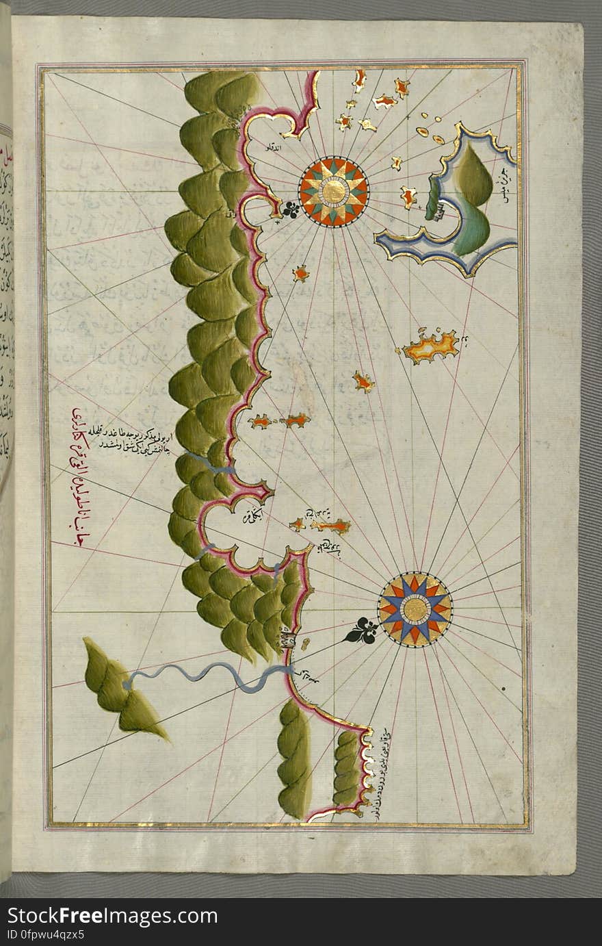 Originally composed in 932 AH / 1525 CE and dedicated to Sultan Süleyman I &#x28;&quot;The Magnificent&quot;&#x29;, this great work by Piri Reis &#x28;d. 962 AH / 1555 CE&#x29; on navigation was later revised and expanded. The present manuscript, made mostly in the late 11th AH / 17th CE century, is based on the later expanded version with some 240 exquisitely executed maps and portolan charts. They include a world map &#x28;fol.41a&#x29; with the outline of the Americas, as well as coastlines &#x28;bays, capes, peninsulas&#x29;, islands, mountains and cities of the Mediterranean basin and the Black Sea. The work starts with the description of the coastline of Anatolia and the islands of the Aegean Sea, the Peloponnese peninsula and eastern and western coasts of the Adriatic Sea. It then proceeds to describe the western shores of Italy, southern France, Spain, North Africa, Palestine, Israel, Lebanon, Syria, western Anatolia, various islands north of Crete, Sea of Marmara, Bosporus and the Black Sea. It ends with a map of the shores of the the Caspian Sea &#x28;fol.374a&#x29;. See this manuscript page by page at the Walters Art Museum website: art.thewalters.org/viewwoa.aspx?id=19195. Originally composed in 932 AH / 1525 CE and dedicated to Sultan Süleyman I &#x28;&quot;The Magnificent&quot;&#x29;, this great work by Piri Reis &#x28;d. 962 AH / 1555 CE&#x29; on navigation was later revised and expanded. The present manuscript, made mostly in the late 11th AH / 17th CE century, is based on the later expanded version with some 240 exquisitely executed maps and portolan charts. They include a world map &#x28;fol.41a&#x29; with the outline of the Americas, as well as coastlines &#x28;bays, capes, peninsulas&#x29;, islands, mountains and cities of the Mediterranean basin and the Black Sea. The work starts with the description of the coastline of Anatolia and the islands of the Aegean Sea, the Peloponnese peninsula and eastern and western coasts of the Adriatic Sea. It then proceeds to describe the western shores of Italy, southern France, Spain, North Africa, Palestine, Israel, Lebanon, Syria, western Anatolia, various islands north of Crete, Sea of Marmara, Bosporus and the Black Sea. It ends with a map of the shores of the the Caspian Sea &#x28;fol.374a&#x29;. See this manuscript page by page at the Walters Art Museum website: art.thewalters.org/viewwoa.aspx?id=19195