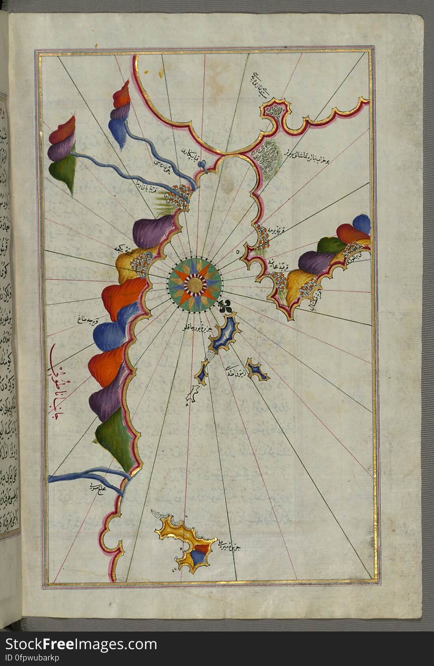 Originally composed in 932 AH / 1525 CE and dedicated to Sultan SÃ¼leyman I &#x28;&quot;The Magnificent&quot;&#x29;, this great work by Piri Reis &#x28;d. 962 AH / 1555 CE&#x29; on navigation was later revised and expanded. The present manuscript, made mostly in the late 11th AH / 17th CE century, is based on the later expanded version with some 240 exquisitely executed maps and portolan charts. They include a world map &#x28;fol.41a&#x29; with the outline of the Americas, as well as coastlines &#x28;bays, capes, peninsulas&#x29;, islands, mountains and cities of the Mediterranean basin and the Black Sea. The work starts with the description of the coastline of Anatolia and the islands of the Aegean Sea, the Peloponnese peninsula and eastern and western coasts of the Adriatic Sea. It then proceeds to describe the western shores of Italy, southern France, Spain, North Africa, Palestine, Israel, Lebanon, Syria, western Anatolia, various islands north of Crete, Sea of Marmara, Bosporus and the Black Sea. It ends with a map of the shores of the the Caspian Sea &#x28;fol.374a&#x29;. See this manuscript page by page at the Walters Art Museum website: art.thewalters.org/viewwoa.aspx?id=19195. Originally composed in 932 AH / 1525 CE and dedicated to Sultan SÃ¼leyman I &#x28;&quot;The Magnificent&quot;&#x29;, this great work by Piri Reis &#x28;d. 962 AH / 1555 CE&#x29; on navigation was later revised and expanded. The present manuscript, made mostly in the late 11th AH / 17th CE century, is based on the later expanded version with some 240 exquisitely executed maps and portolan charts. They include a world map &#x28;fol.41a&#x29; with the outline of the Americas, as well as coastlines &#x28;bays, capes, peninsulas&#x29;, islands, mountains and cities of the Mediterranean basin and the Black Sea. The work starts with the description of the coastline of Anatolia and the islands of the Aegean Sea, the Peloponnese peninsula and eastern and western coasts of the Adriatic Sea. It then proceeds to describe the western shores of Italy, southern France, Spain, North Africa, Palestine, Israel, Lebanon, Syria, western Anatolia, various islands north of Crete, Sea of Marmara, Bosporus and the Black Sea. It ends with a map of the shores of the the Caspian Sea &#x28;fol.374a&#x29;. See this manuscript page by page at the Walters Art Museum website: art.thewalters.org/viewwoa.aspx?id=19195