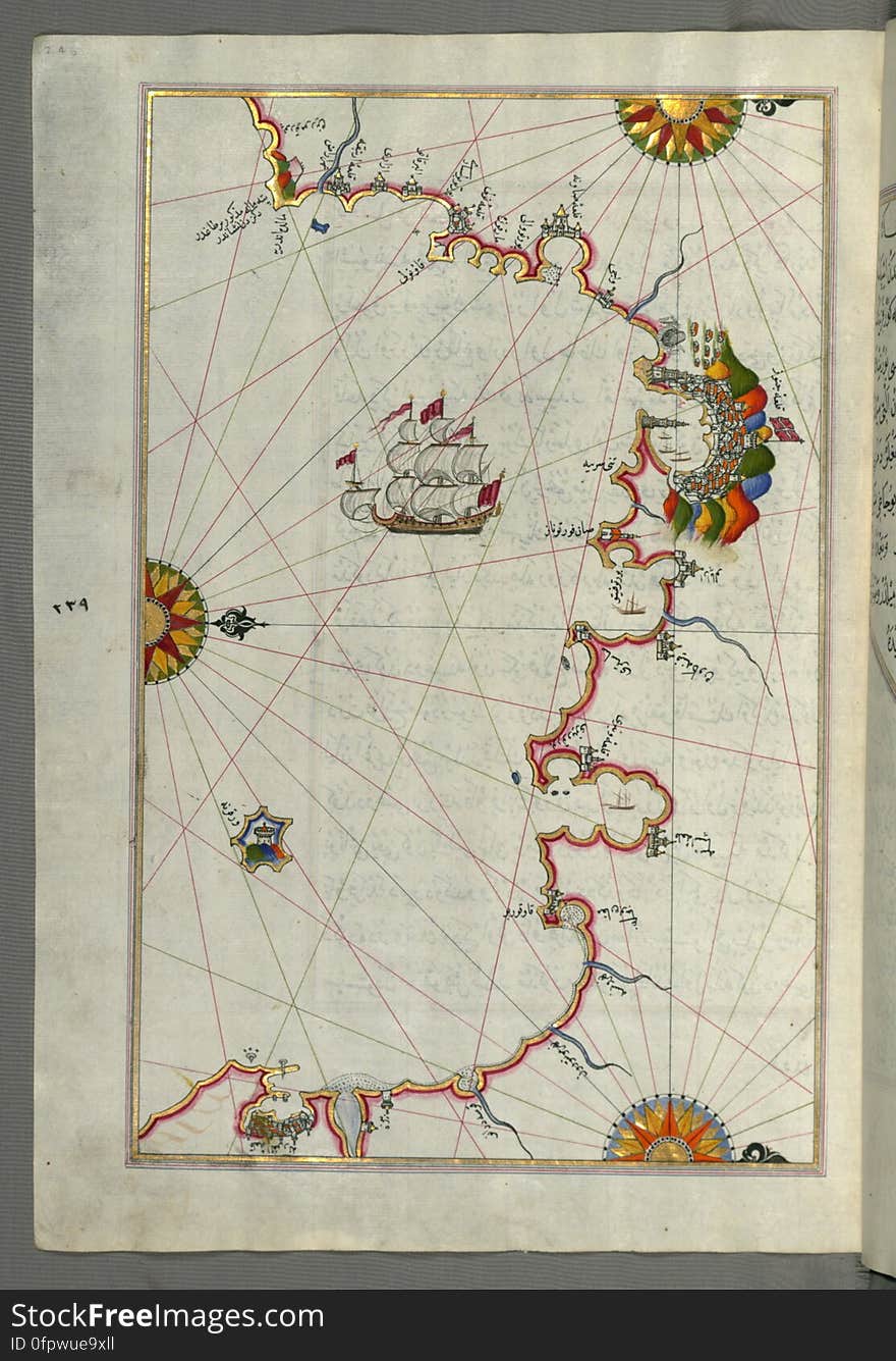 Originally composed in 932 AH / 1525 CE and dedicated to Sultan Süleyman I &#x28;&quot;The Magnificent&quot;&#x29;, this great work by Piri Reis &#x28;d. 962 AH / 1555 CE&#x29; on navigation was later revised and expanded. The present manuscript, made mostly in the late 11th AH / 17th CE century, is based on the later expanded version with some 240 exquisitely executed maps and portolan charts. They include a world map &#x28;fol.41a&#x29; with the outline of the Americas, as well as coastlines &#x28;bays, capes, peninsulas&#x29;, islands, mountains and cities of the Mediterranean basin and the Black Sea. The work starts with the description of the coastline of Anatolia and the islands of the Aegean Sea, the Peloponnese peninsula and eastern and western coasts of the Adriatic Sea. It then proceeds to describe the western shores of Italy, southern France, Spain, North Africa, Palestine, Israel, Lebanon, Syria, western Anatolia, various islands north of Crete, Sea of Marmara, Bosporus and the Black Sea. It ends with a map of the shores of the the Caspian Sea &#x28;fol.374a&#x29;. See this manuscript page by page at the Walters Art Museum website: art.thewalters.org/viewwoa.aspx?id=19195. Originally composed in 932 AH / 1525 CE and dedicated to Sultan Süleyman I &#x28;&quot;The Magnificent&quot;&#x29;, this great work by Piri Reis &#x28;d. 962 AH / 1555 CE&#x29; on navigation was later revised and expanded. The present manuscript, made mostly in the late 11th AH / 17th CE century, is based on the later expanded version with some 240 exquisitely executed maps and portolan charts. They include a world map &#x28;fol.41a&#x29; with the outline of the Americas, as well as coastlines &#x28;bays, capes, peninsulas&#x29;, islands, mountains and cities of the Mediterranean basin and the Black Sea. The work starts with the description of the coastline of Anatolia and the islands of the Aegean Sea, the Peloponnese peninsula and eastern and western coasts of the Adriatic Sea. It then proceeds to describe the western shores of Italy, southern France, Spain, North Africa, Palestine, Israel, Lebanon, Syria, western Anatolia, various islands north of Crete, Sea of Marmara, Bosporus and the Black Sea. It ends with a map of the shores of the the Caspian Sea &#x28;fol.374a&#x29;. See this manuscript page by page at the Walters Art Museum website: art.thewalters.org/viewwoa.aspx?id=19195