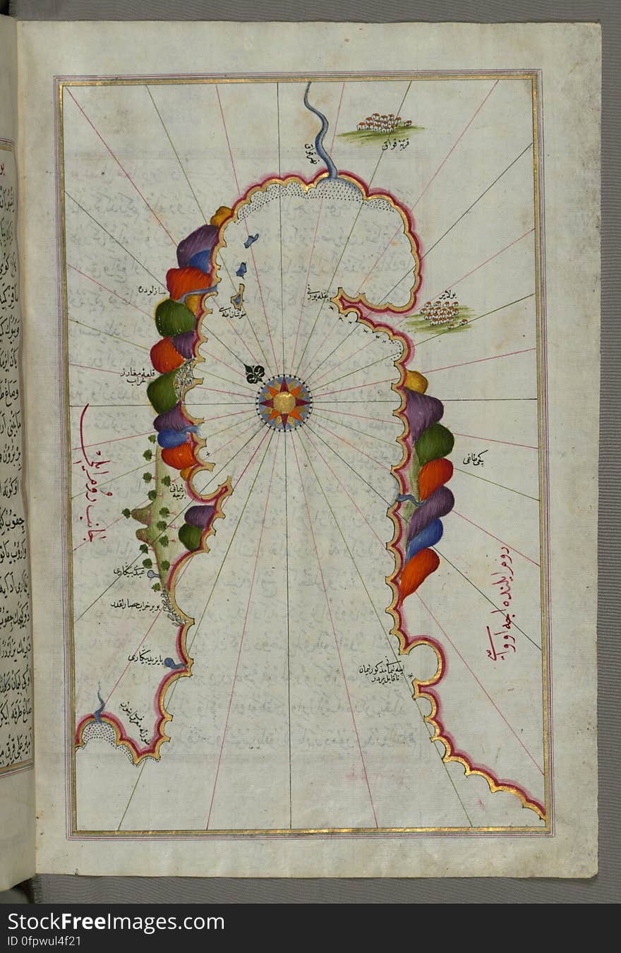 Originally composed in 932 AH / 1525 CE and dedicated to Sultan Süleyman I &#x28;&quot;The Magnificent&quot;&#x29;, this great work by Piri Reis &#x28;d. 962 AH / 1555 CE&#x29; on navigation was later revised and expanded. The present manuscript, made mostly in the late 11th AH / 17th CE century, is based on the later expanded version with some 240 exquisitely executed maps and portolan charts. They include a world map &#x28;fol.41a&#x29; with the outline of the Americas, as well as coastlines &#x28;bays, capes, peninsulas&#x29;, islands, mountains and cities of the Mediterranean basin and the Black Sea. The work starts with the description of the coastline of Anatolia and the islands of the Aegean Sea, the Peloponnese peninsula and eastern and western coasts of the Adriatic Sea. It then proceeds to describe the western shores of Italy, southern France, Spain, North Africa, Palestine, Israel, Lebanon, Syria, western Anatolia, various islands north of Crete, Sea of Marmara, Bosporus and the Black Sea. It ends with a map of the shores of the the Caspian Sea &#x28;fol.374a&#x29;. See this manuscript page by page at the Walters Art Museum website: art.thewalters.org/viewwoa.aspx?id=19195. Originally composed in 932 AH / 1525 CE and dedicated to Sultan Süleyman I &#x28;&quot;The Magnificent&quot;&#x29;, this great work by Piri Reis &#x28;d. 962 AH / 1555 CE&#x29; on navigation was later revised and expanded. The present manuscript, made mostly in the late 11th AH / 17th CE century, is based on the later expanded version with some 240 exquisitely executed maps and portolan charts. They include a world map &#x28;fol.41a&#x29; with the outline of the Americas, as well as coastlines &#x28;bays, capes, peninsulas&#x29;, islands, mountains and cities of the Mediterranean basin and the Black Sea. The work starts with the description of the coastline of Anatolia and the islands of the Aegean Sea, the Peloponnese peninsula and eastern and western coasts of the Adriatic Sea. It then proceeds to describe the western shores of Italy, southern France, Spain, North Africa, Palestine, Israel, Lebanon, Syria, western Anatolia, various islands north of Crete, Sea of Marmara, Bosporus and the Black Sea. It ends with a map of the shores of the the Caspian Sea &#x28;fol.374a&#x29;. See this manuscript page by page at the Walters Art Museum website: art.thewalters.org/viewwoa.aspx?id=19195