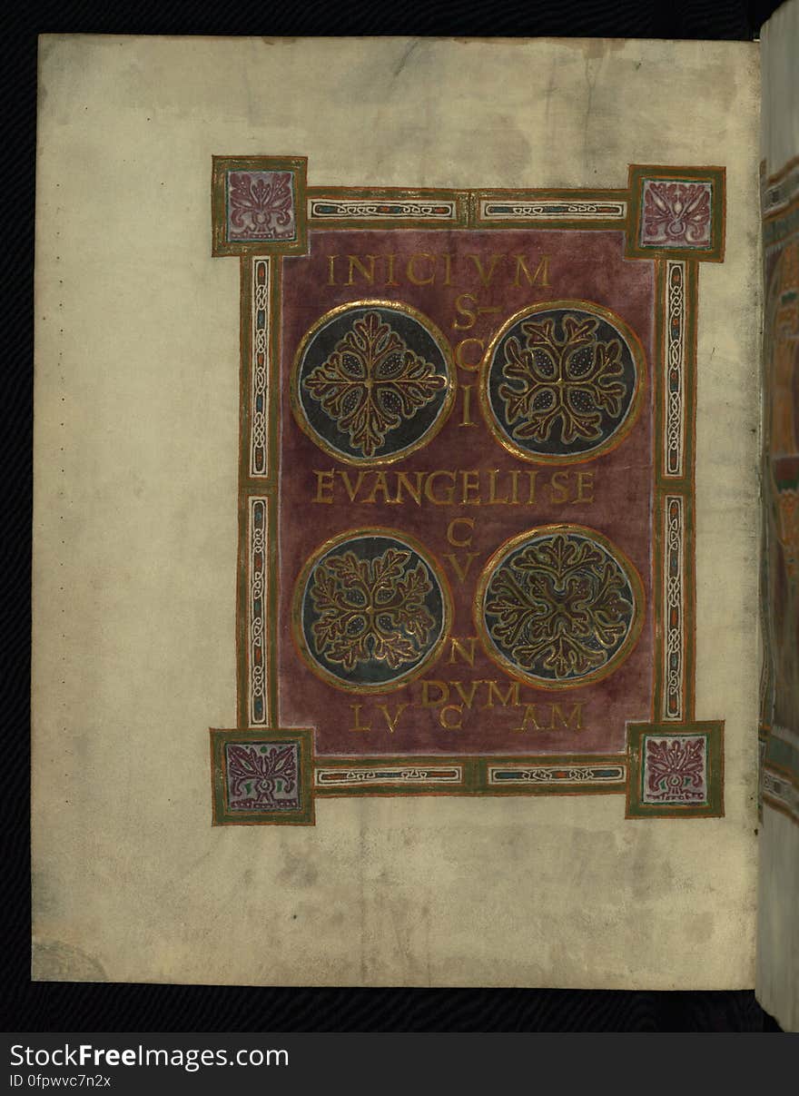 This manuscript consists of four folios from a Gospel Book that was likely made at the monastery of Corvey in Western Germany during the last quarter of the tenth century. Dating to the reign of Otto I, these pages offer a magnificent example of early Ottonian manuscript illumination. The heavily ornamented pages, which introduce the Gospels of Luke and John, shine with gold and jewel-like colors against dyed purple grounds. These pages combine monumental classicizing square capitals on purple grounds with rich and complex interlace. This fragment contains the opening pages of Luke &#x28;fols. 93-94&#x29; and John &#x28;fols. 137-138&#x29; that were originally part of Ms. 10 from the Bibliotheque Municipale in Rheims, a Gospel Book originally owned by the Chapter Library of the Cathedral of Rheims until it was confiscated, along with the rest of the cathedral&#x27;s manuscripts, during the French Revolution. Related manuscripts include Pierpont Morgan Library Ms. M. 755 and New York Public Library Ms. 1. This manuscript consists of four folios from a Gospel Book that was likely made at the monastery of Corvey in Western Germany during the last quarter of the tenth century. Dating to the reign of Otto I, these pages offer a magnificent example of early Ottonian manuscript illumination. The heavily ornamented pages, which introduce the Gospels of Luke and John, shine with gold and jewel-like colors against dyed purple grounds. These pages combine monumental classicizing square capitals on purple grounds with rich and complex interlace. This fragment contains the opening pages of Luke &#x28;fols. 93-94&#x29; and John &#x28;fols. 137-138&#x29; that were originally part of Ms. 10 from the Bibliotheque Municipale in Rheims, a Gospel Book originally owned by the Chapter Library of the Cathedral of Rheims until it was confiscated, along with the rest of the cathedral&#x27;s manuscripts, during the French Revolution. Related manuscripts include Pierpont Morgan Library Ms. M. 755 and New York Public Library Ms. 1.