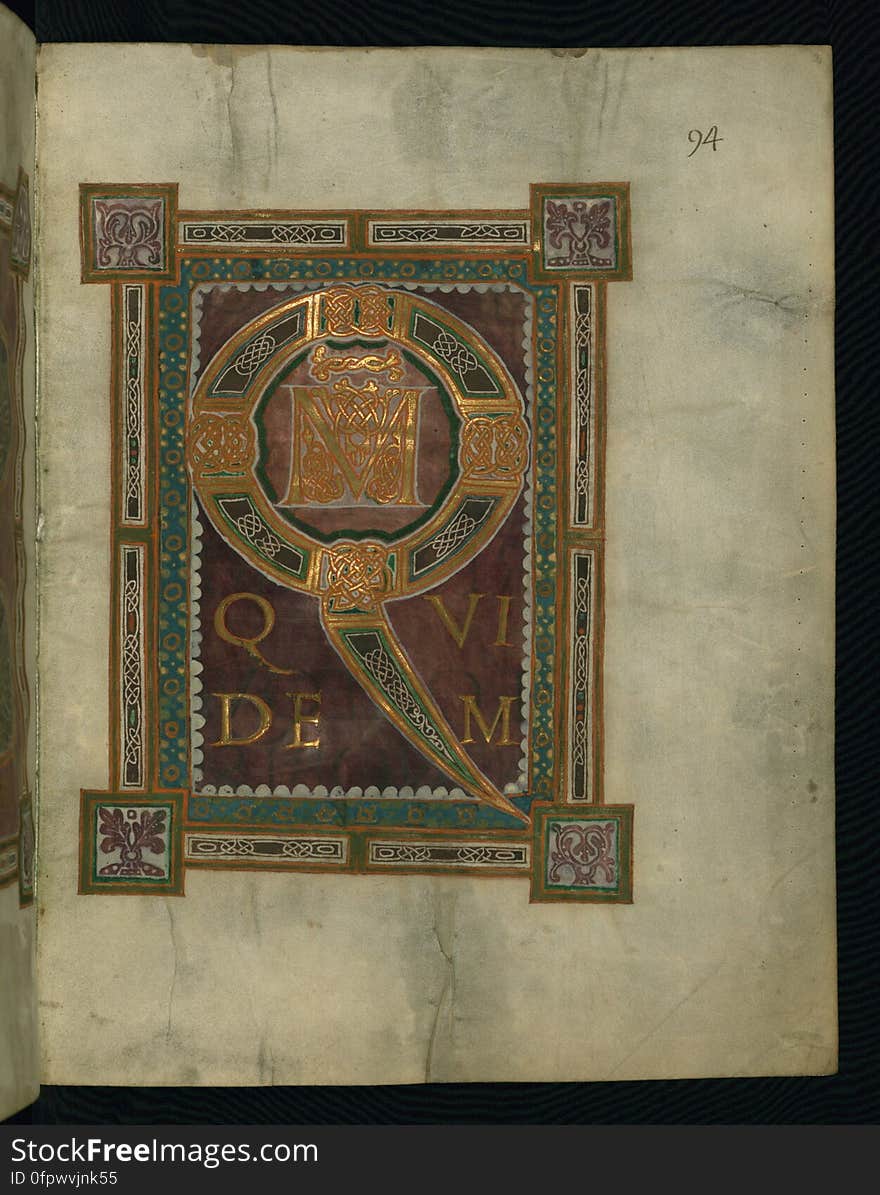 This manuscript consists of four folios from a Gospel Book that was likely made at the monastery of Corvey in Western Germany during the last quarter of the tenth century. Dating to the reign of Otto I, these pages offer a magnificent example of early Ottonian manuscript illumination. The heavily ornamented pages, which introduce the Gospels of Luke and John, shine with gold and jewel-like colors against dyed purple grounds. These pages combine monumental classicizing square capitals on purple grounds with rich and complex interlace. This fragment contains the opening pages of Luke &#x28;fols. 93-94&#x29; and John &#x28;fols. 137-138&#x29; that were originally part of Ms. 10 from the Bibliotheque Municipale in Rheims, a Gospel Book originally owned by the Chapter Library of the Cathedral of Rheims until it was confiscated, along with the rest of the cathedral&#x27;s manuscripts, during the French Revolution. Related manuscripts include Pierpont Morgan Library Ms. M. 755 and New York Public Library Ms. 1. This manuscript consists of four folios from a Gospel Book that was likely made at the monastery of Corvey in Western Germany during the last quarter of the tenth century. Dating to the reign of Otto I, these pages offer a magnificent example of early Ottonian manuscript illumination. The heavily ornamented pages, which introduce the Gospels of Luke and John, shine with gold and jewel-like colors against dyed purple grounds. These pages combine monumental classicizing square capitals on purple grounds with rich and complex interlace. This fragment contains the opening pages of Luke &#x28;fols. 93-94&#x29; and John &#x28;fols. 137-138&#x29; that were originally part of Ms. 10 from the Bibliotheque Municipale in Rheims, a Gospel Book originally owned by the Chapter Library of the Cathedral of Rheims until it was confiscated, along with the rest of the cathedral&#x27;s manuscripts, during the French Revolution. Related manuscripts include Pierpont Morgan Library Ms. M. 755 and New York Public Library Ms. 1.