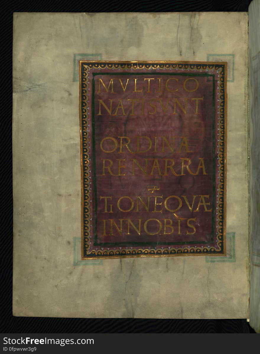 This manuscript consists of four folios from a Gospel Book that was likely made at the monastery of Corvey in Western Germany during the last quarter of the tenth century. Dating to the reign of Otto I, these pages offer a magnificent example of early Ottonian manuscript illumination. The heavily ornamented pages, which introduce the Gospels of Luke and John, shine with gold and jewel-like colors against dyed purple grounds. These pages combine monumental classicizing square capitals on purple grounds with rich and complex interlace. This fragment contains the opening pages of Luke &#x28;fols. 93-94&#x29; and John &#x28;fols. 137-138&#x29; that were originally part of Ms. 10 from the Bibliotheque Municipale in Rheims, a Gospel Book originally owned by the Chapter Library of the Cathedral of Rheims until it was confiscated, along with the rest of the cathedral&#x27;s manuscripts, during the French Revolution. Related manuscripts include Pierpont Morgan Library Ms. M. 755 and New York Public Library Ms. 1. This manuscript consists of four folios from a Gospel Book that was likely made at the monastery of Corvey in Western Germany during the last quarter of the tenth century. Dating to the reign of Otto I, these pages offer a magnificent example of early Ottonian manuscript illumination. The heavily ornamented pages, which introduce the Gospels of Luke and John, shine with gold and jewel-like colors against dyed purple grounds. These pages combine monumental classicizing square capitals on purple grounds with rich and complex interlace. This fragment contains the opening pages of Luke &#x28;fols. 93-94&#x29; and John &#x28;fols. 137-138&#x29; that were originally part of Ms. 10 from the Bibliotheque Municipale in Rheims, a Gospel Book originally owned by the Chapter Library of the Cathedral of Rheims until it was confiscated, along with the rest of the cathedral&#x27;s manuscripts, during the French Revolution. Related manuscripts include Pierpont Morgan Library Ms. M. 755 and New York Public Library Ms. 1.