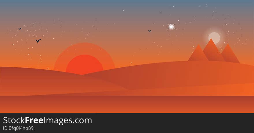 Landscape of the desert sunset. Vector illustration