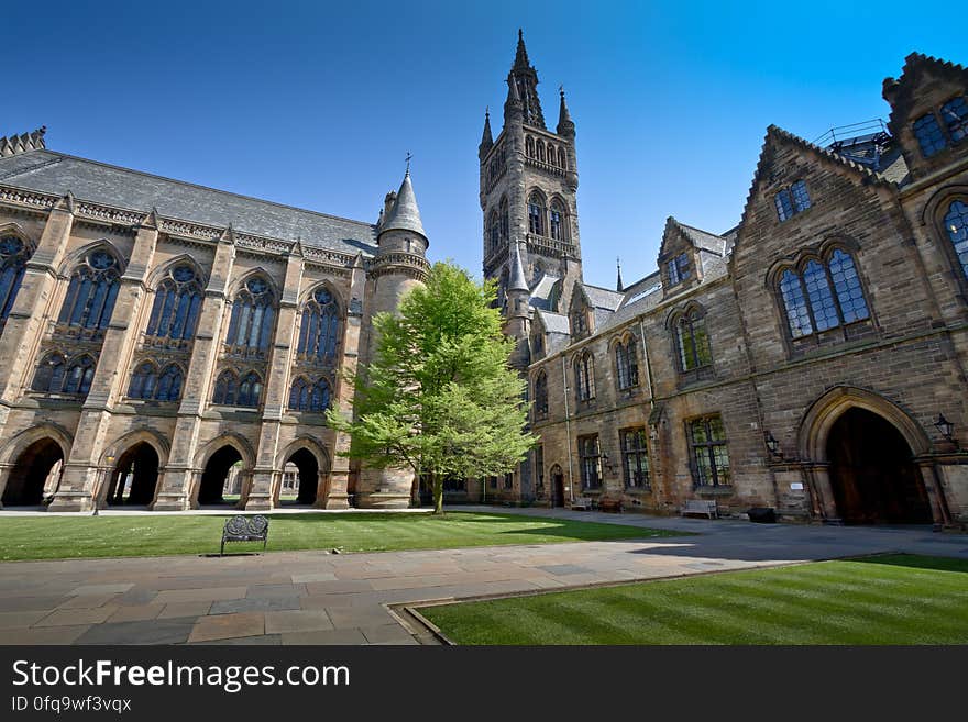 Here is a photograph taken from the west quadrangle inside the University of Glasgow. Located in Glasgow, Scotland, UK. Here is a photograph taken from the west quadrangle inside the University of Glasgow. Located in Glasgow, Scotland, UK.