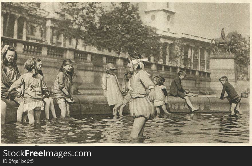 Trafalgar Square, London Photogravure by Donald Macleish from Wonderful London by St John Adcock, 1927. The ornamental water in Trafalgar Square is not officially a public bath, but children who paddle there are smiled on by the authorites. Not so nowadays, alas. Trafalgar Square, London Photogravure by Donald Macleish from Wonderful London by St John Adcock, 1927. The ornamental water in Trafalgar Square is not officially a public bath, but children who paddle there are smiled on by the authorites. Not so nowadays, alas.