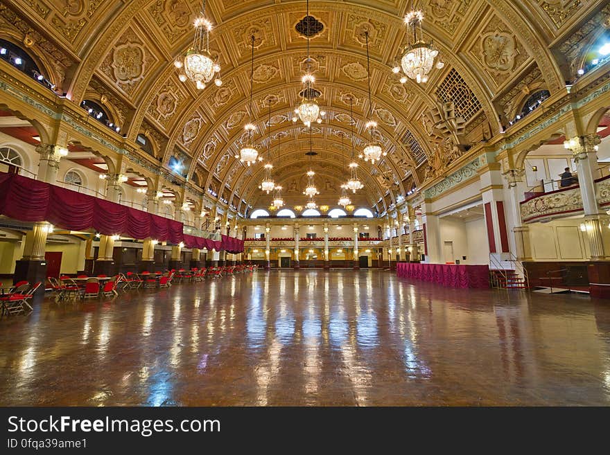 Here is a photograph taken from the Empress Ballroom inside the Winter Gardens. Located in Blackpool, Lancashire, England, UK. Here is a photograph taken from the Empress Ballroom inside the Winter Gardens. Located in Blackpool, Lancashire, England, UK.