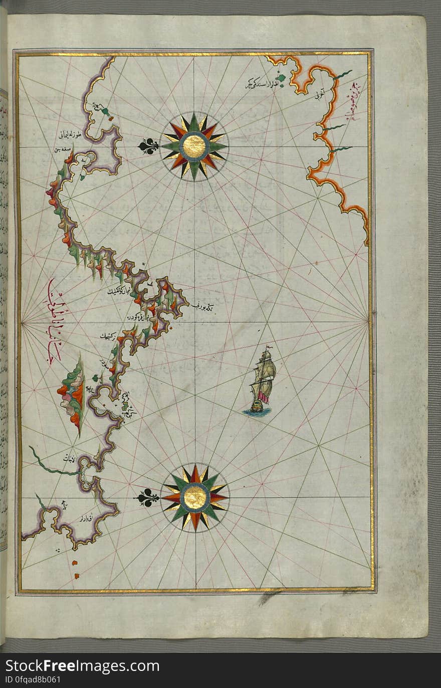 Originally composed in 932 AH / 1525 CE and dedicated to Sultan SÃ¼leyman I &#x28;&quot;The Magnificent&quot;&#x29;, this great work by Piri Reis &#x28;d. 962 AH / 1555 CE&#x29; on navigation was later revised and expanded. The present manuscript, made mostly in the late 11th AH / 17th CE century, is based on the later expanded version with some 240 exquisitely executed maps and portolan charts. They include a world map &#x28;fol.41a&#x29; with the outline of the Americas, as well as coastlines &#x28;bays, capes, peninsulas&#x29;, islands, mountains and cities of the Mediterranean basin and the Black Sea. The work starts with the description of the coastline of Anatolia and the islands of the Aegean Sea, the Peloponnese peninsula and eastern and western coasts of the Adriatic Sea. It then proceeds to describe the western shores of Italy, southern France, Spain, North Africa, Palestine, Israel, Lebanon, Syria, western Anatolia, various islands north of Crete, Sea of Marmara, Bosporus and the Black Sea. It ends with a map of the shores of the the Caspian Sea &#x28;fol.374a&#x29;. See this manuscript page by page at the Walters Art Museum website: art.thewalters.org/viewwoa.aspx?id=19195. Originally composed in 932 AH / 1525 CE and dedicated to Sultan SÃ¼leyman I &#x28;&quot;The Magnificent&quot;&#x29;, this great work by Piri Reis &#x28;d. 962 AH / 1555 CE&#x29; on navigation was later revised and expanded. The present manuscript, made mostly in the late 11th AH / 17th CE century, is based on the later expanded version with some 240 exquisitely executed maps and portolan charts. They include a world map &#x28;fol.41a&#x29; with the outline of the Americas, as well as coastlines &#x28;bays, capes, peninsulas&#x29;, islands, mountains and cities of the Mediterranean basin and the Black Sea. The work starts with the description of the coastline of Anatolia and the islands of the Aegean Sea, the Peloponnese peninsula and eastern and western coasts of the Adriatic Sea. It then proceeds to describe the western shores of Italy, southern France, Spain, North Africa, Palestine, Israel, Lebanon, Syria, western Anatolia, various islands north of Crete, Sea of Marmara, Bosporus and the Black Sea. It ends with a map of the shores of the the Caspian Sea &#x28;fol.374a&#x29;. See this manuscript page by page at the Walters Art Museum website: art.thewalters.org/viewwoa.aspx?id=19195