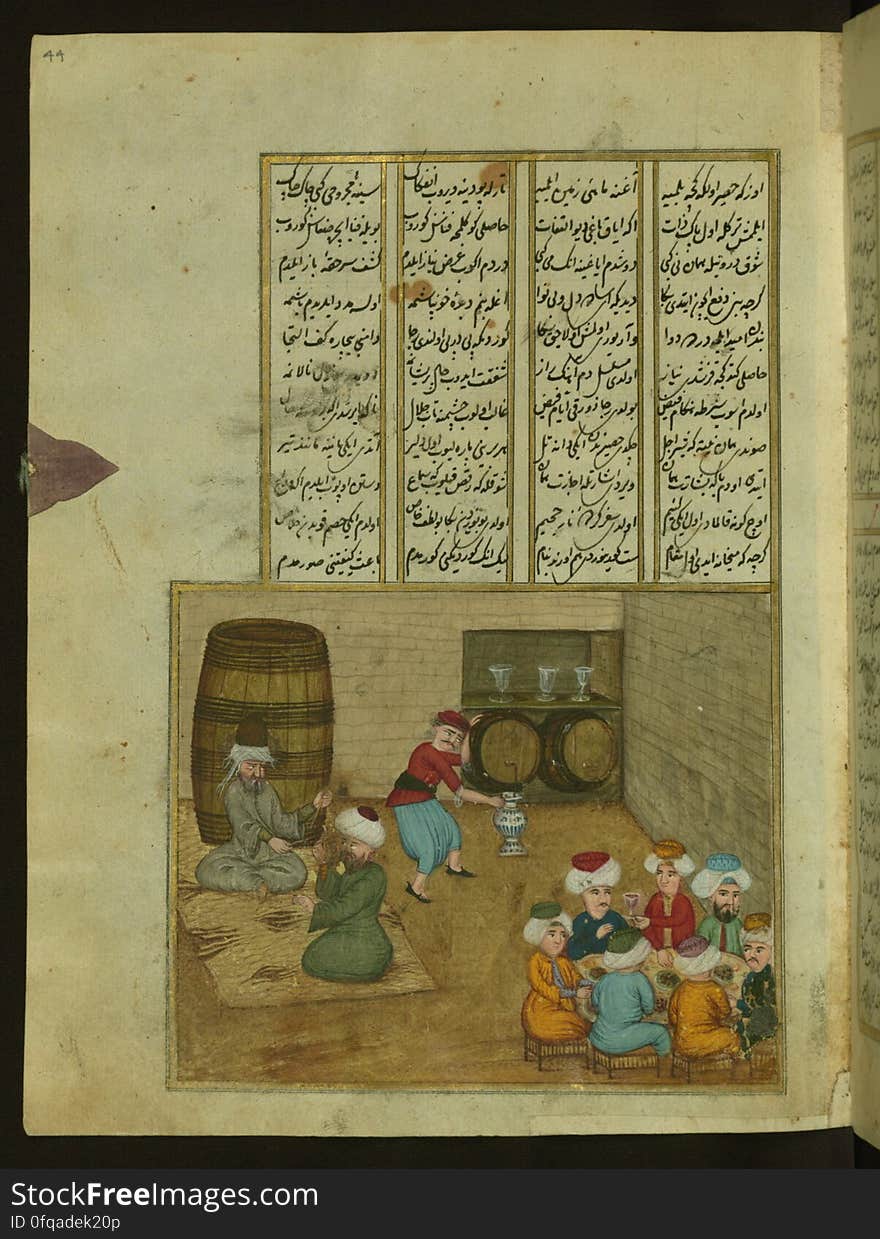 This is an illuminated and illustrated copy of the Ḫamse &#x28;quintet&#x29; of the Ottoman Turkish poet and scholar ʿAṭāʾullāh bin Yaḥyá ʿAṭāʾī &#x28;d. 1044 AH / 1634 CE&#x29;. Although different in content, this work takes its inspiration from the famous Persian Khamsah of Niẓāmī Ganjavī &#x28;d. 605 AH / 1209 CE&#x29; and the Khamsah of Amīr Khusraw Dihlavī &#x28;d. 725 AH / 1325 CE&#x29;. This Ottoman copy of ʿAṭāʾī&#x27;s work ends with a portion of his Dīvān &#x28;fols. 142b-151b&#x29; instead of the fifth poem &#x28;mesnevi&#x29;, Ḥilyet ül-efkār. The text, written in nastaʿlīq script, was copied by Ḫeyrullah Ḫeyrī Çāvuşzade in 1133 AH / 1721 CE. There are thirty-eight illustrations, and illuminated incipits introduce the different poems &#x28;fols. 1b, 22b, 63b, 107b, and 142b&#x29;. The brown leather binding is original to the manuscript. This is an illuminated and illustrated copy of the Ḫamse &#x28;quintet&#x29; of the Ottoman Turkish poet and scholar ʿAṭāʾullāh bin Yaḥyá ʿAṭāʾī &#x28;d. 1044 AH / 1634 CE&#x29;. Although different in content, this work takes its inspiration from the famous Persian Khamsah of Niẓāmī Ganjavī &#x28;d. 605 AH / 1209 CE&#x29; and the Khamsah of Amīr Khusraw Dihlavī &#x28;d. 725 AH / 1325 CE&#x29;. This Ottoman copy of ʿAṭāʾī&#x27;s work ends with a portion of his Dīvān &#x28;fols. 142b-151b&#x29; instead of the fifth poem &#x28;mesnevi&#x29;, Ḥilyet ül-efkār. The text, written in nastaʿlīq script, was copied by Ḫeyrullah Ḫeyrī Çāvuşzade in 1133 AH / 1721 CE. There are thirty-eight illustrations, and illuminated incipits introduce the different poems &#x28;fols. 1b, 22b, 63b, 107b, and 142b&#x29;. The brown leather binding is original to the manuscript.