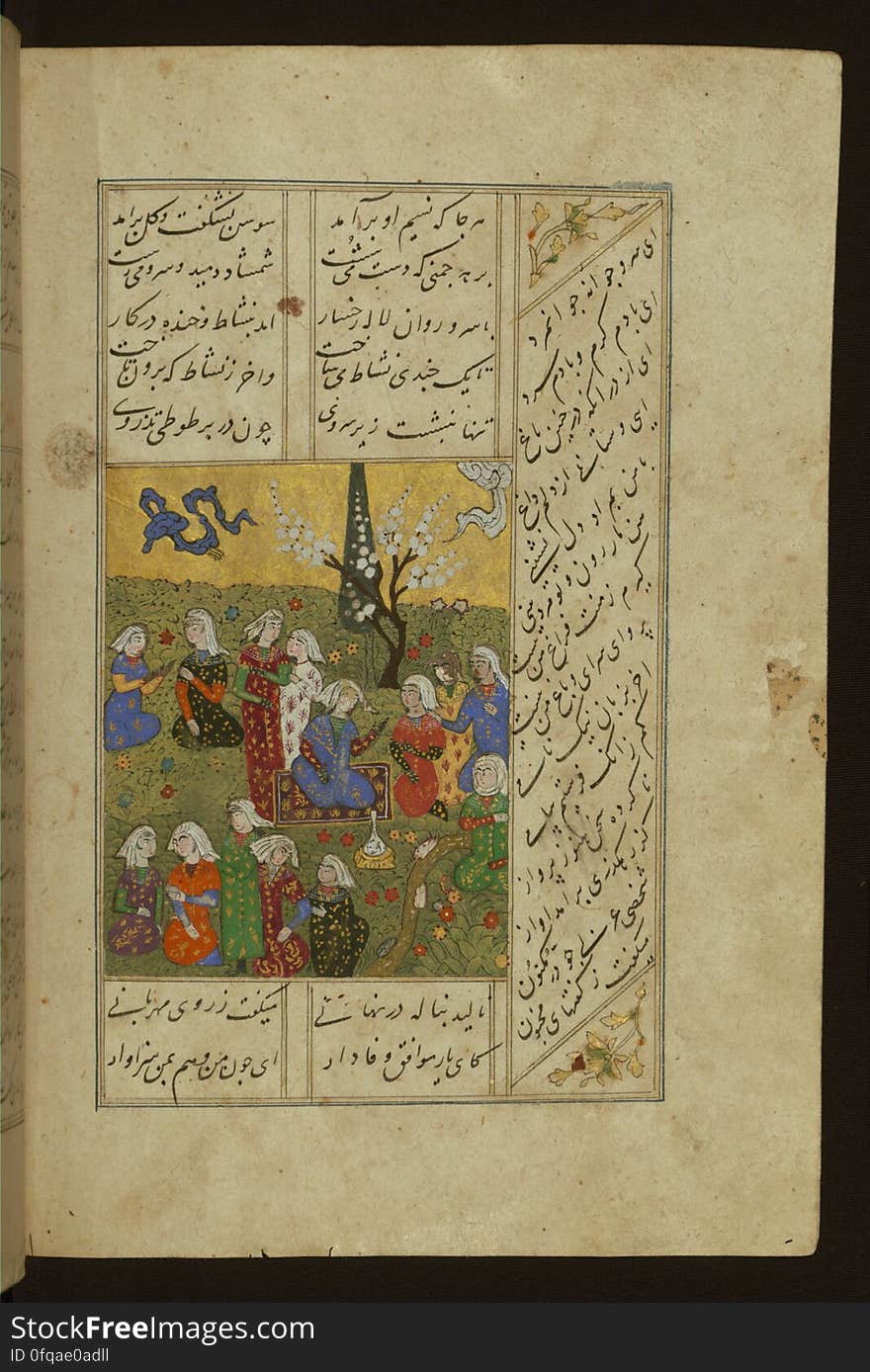 An elegant copy of the &#x22;Quintet&#x22; &#x28;Khamsah&#x29; of Niẓāmī Ganjavī &#x28;d.605 AH / 1209 CE&#x29; penned by Abū Bakr Shāh ibn Ḥasan ibn ʿAlī al-Shahrastānī and illuminated by Jamāl al-Dīn ibn Muḥammad al-Ṣiddīqī al-Iṣfahānī between 892 AH / 1486 CE and 900 AH / 1494-05 CE. The present codex, opening with a double-page decoration and the inscription giving the name of the author and the title of the work,contains four additional illuminated headpieces with the names of the individual books and 26 repainted miniatures. The page depicts Laylá in a garden in the company of young women. An elegant copy of the &#x22;Quintet&#x22; &#x28;Khamsah&#x29; of Niẓāmī Ganjavī &#x28;d.605 AH / 1209 CE&#x29; penned by Abū Bakr Shāh ibn Ḥasan ibn ʿAlī al-Shahrastānī and illuminated by Jamāl al-Dīn ibn Muḥammad al-Ṣiddīqī al-Iṣfahānī between 892 AH / 1486 CE and 900 AH / 1494-05 CE. The present codex, opening with a double-page decoration and the inscription giving the name of the author and the title of the work,contains four additional illuminated headpieces with the names of the individual books and 26 repainted miniatures. The page depicts Laylá in a garden in the company of young women.