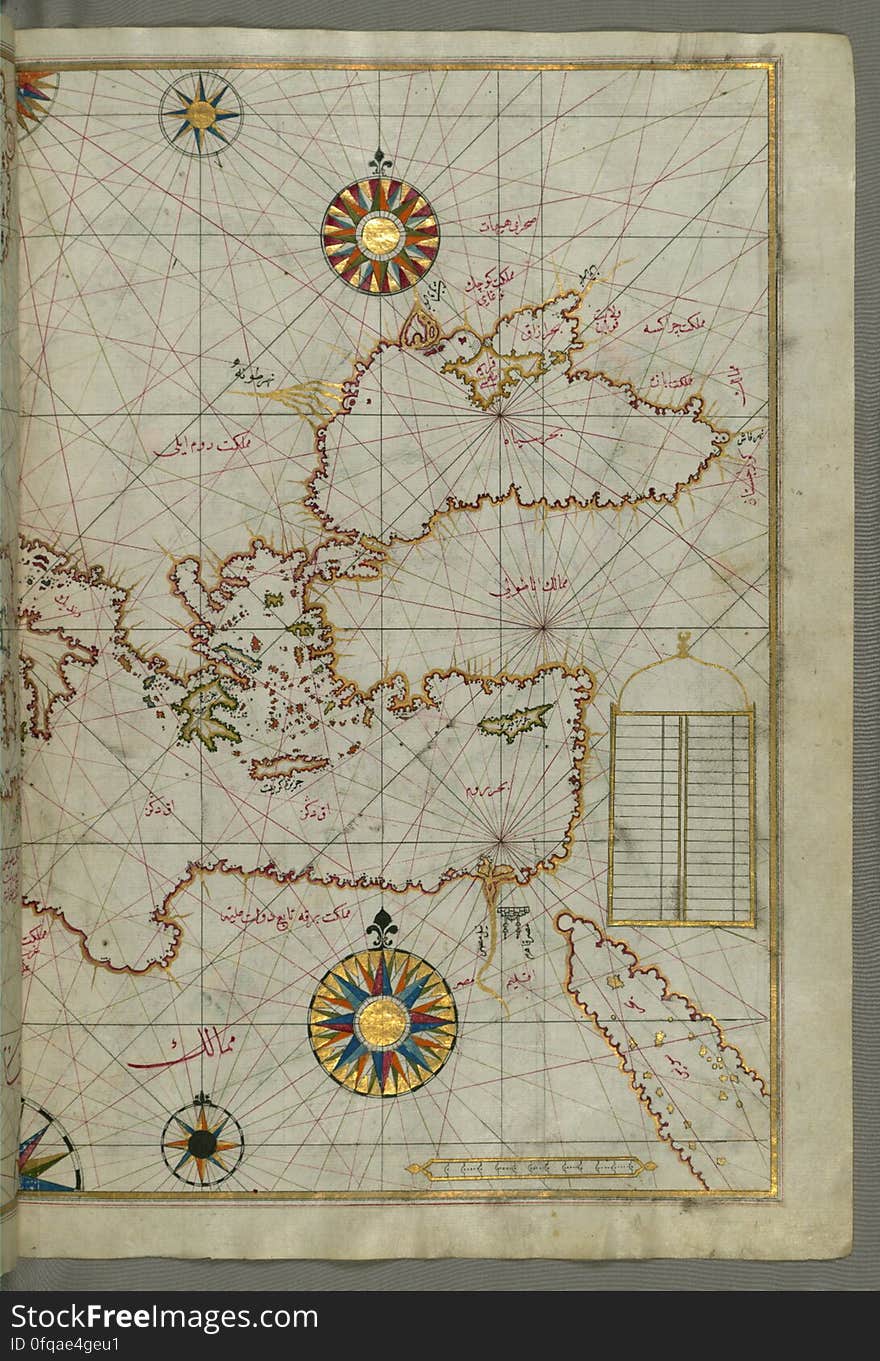 Originally composed in 932 AH / 1525 CE and dedicated to Sultan Süleyman I &#x28;&quot;The Magnificent&quot;&#x29;, this great work by Piri Reis &#x28;d. 962 AH / 1555 CE&#x29; on navigation was later revised and expanded. The present manuscript, made mostly in the late 11th AH / 17th CE century, is based on the later expanded version with some 240 exquisitely executed maps and portolan charts. They include a world map &#x28;fol.41a&#x29; with the outline of the Americas, as well as coastlines &#x28;bays, capes, peninsulas&#x29;, islands, mountains and cities of the Mediterranean basin and the Black Sea. The work starts with the description of the coastline of Anatolia and the islands of the Aegean Sea, the Peloponnese peninsula and eastern and western coasts of the Adriatic Sea. It then proceeds to describe the western shores of Italy, southern France, Spain, North Africa, Palestine, Israel, Lebanon, Syria, western Anatolia, various islands north of Crete, Sea of Marmara, Bosporus and the Black Sea. It ends with a map of the shores of the the Caspian Sea &#x28;fol.374a&#x29;. See this manuscript page by page at the Walters Art Museum website: art.thewalters.org/viewwoa.aspx?id=19195. Originally composed in 932 AH / 1525 CE and dedicated to Sultan Süleyman I &#x28;&quot;The Magnificent&quot;&#x29;, this great work by Piri Reis &#x28;d. 962 AH / 1555 CE&#x29; on navigation was later revised and expanded. The present manuscript, made mostly in the late 11th AH / 17th CE century, is based on the later expanded version with some 240 exquisitely executed maps and portolan charts. They include a world map &#x28;fol.41a&#x29; with the outline of the Americas, as well as coastlines &#x28;bays, capes, peninsulas&#x29;, islands, mountains and cities of the Mediterranean basin and the Black Sea. The work starts with the description of the coastline of Anatolia and the islands of the Aegean Sea, the Peloponnese peninsula and eastern and western coasts of the Adriatic Sea. It then proceeds to describe the western shores of Italy, southern France, Spain, North Africa, Palestine, Israel, Lebanon, Syria, western Anatolia, various islands north of Crete, Sea of Marmara, Bosporus and the Black Sea. It ends with a map of the shores of the the Caspian Sea &#x28;fol.374a&#x29;. See this manuscript page by page at the Walters Art Museum website: art.thewalters.org/viewwoa.aspx?id=19195