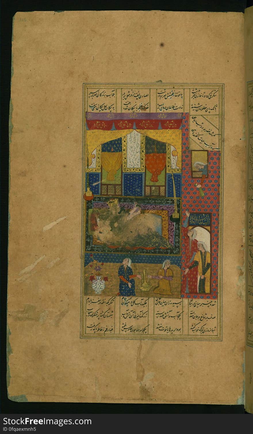 An elegantly illuminated and illustrated copy of the Khamsah &#x28;quintet&#x29; of Niẓāmī Ganjavī &#x28;d.605 AH / 1209 CE&#x29; executed by Yār Muḥammad al-Haravī in 922 AH / 1516 CE. Written in four columns in black nastaʿlīq script, this manuscripts opens with a double-page decorative composition signed by ʿAbd al-Wahhāb ibn ʿAbd al-Fattāḥ ibn ʿAlī, of which this is one side. It contains 35 miniatures. Khusraw and Shīrīn in their wedding chamber &#x28;smudged&#x29;. The inscription on the right reads al-sulṭān al-ʿādil. See this manuscript page by page at the Walters Art Museum website: art.thewalters.org/viewwoa.aspx?id=21272. An elegantly illuminated and illustrated copy of the Khamsah &#x28;quintet&#x29; of Niẓāmī Ganjavī &#x28;d.605 AH / 1209 CE&#x29; executed by Yār Muḥammad al-Haravī in 922 AH / 1516 CE. Written in four columns in black nastaʿlīq script, this manuscripts opens with a double-page decorative composition signed by ʿAbd al-Wahhāb ibn ʿAbd al-Fattāḥ ibn ʿAlī, of which this is one side. It contains 35 miniatures. Khusraw and Shīrīn in their wedding chamber &#x28;smudged&#x29;. The inscription on the right reads al-sulṭān al-ʿādil. See this manuscript page by page at the Walters Art Museum website: art.thewalters.org/viewwoa.aspx?id=21272