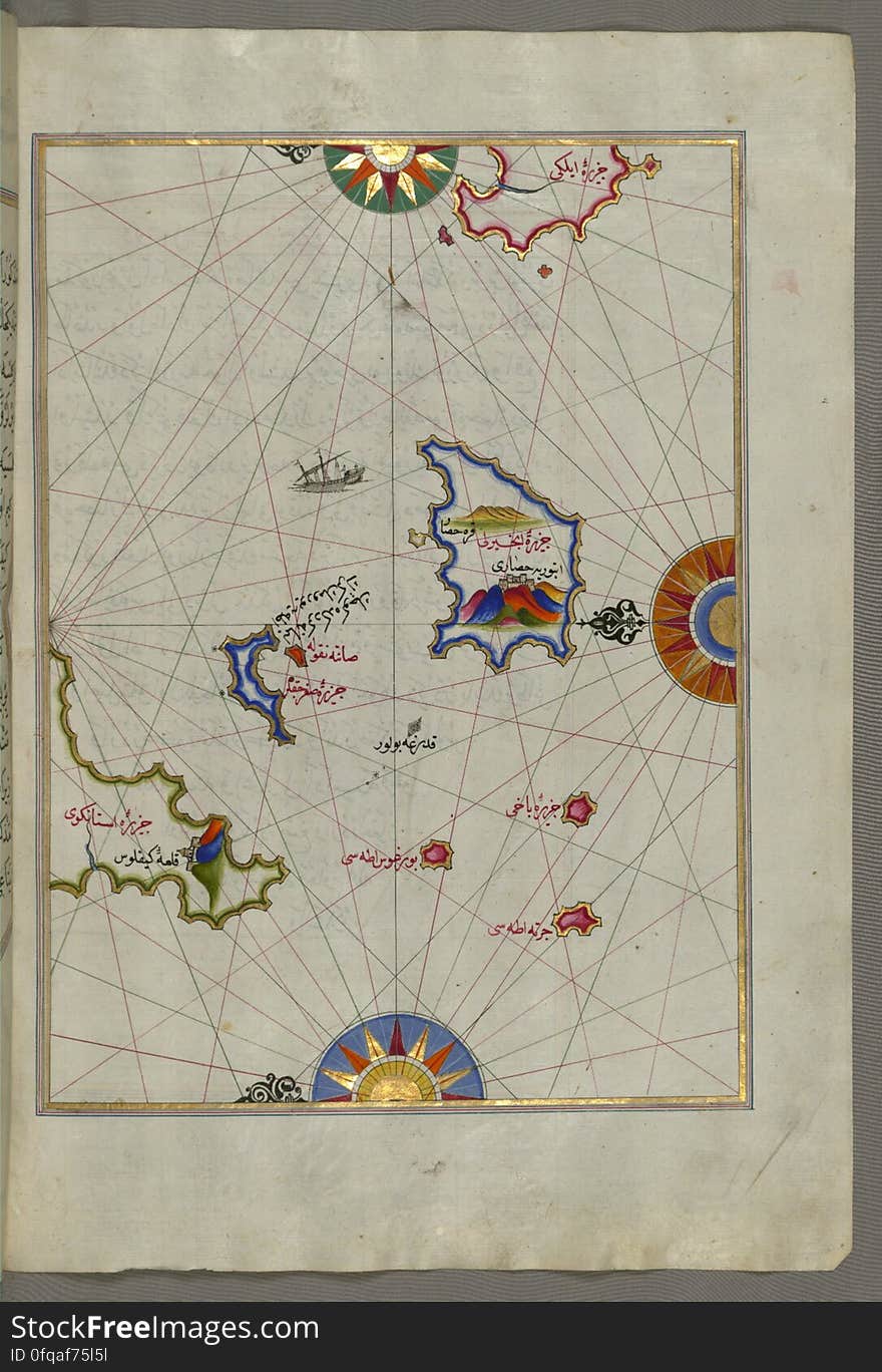 Originally composed in 932 AH / 1525 CE and dedicated to Sultan SÃ¼leyman I &#x28;&quot;The Magnificent&quot;&#x29;, this great work by Piri Reis &#x28;d. 962 AH / 1555 CE&#x29; on navigation was later revised and expanded. The present manuscript, made mostly in the late 11th AH / 17th CE century, is based on the later expanded version with some 240 exquisitely executed maps and portolan charts. They include a world map &#x28;fol.41a&#x29; with the outline of the Americas, as well as coastlines &#x28;bays, capes, peninsulas&#x29;, islands, mountains and cities of the Mediterranean basin and the Black Sea. The work starts with the description of the coastline of Anatolia and the islands of the Aegean Sea, the Peloponnese peninsula and eastern and western coasts of the Adriatic Sea. It then proceeds to describe the western shores of Italy, southern France, Spain, North Africa, Palestine, Israel, Lebanon, Syria, western Anatolia, various islands north of Crete, Sea of Marmara, Bosporus and the Black Sea. It ends with a map of the shores of the the Caspian Sea &#x28;fol.374a&#x29;. See this manuscript page by page at the Walters Art Museum website: art.thewalters.org/viewwoa.aspx?id=19195. Originally composed in 932 AH / 1525 CE and dedicated to Sultan SÃ¼leyman I &#x28;&quot;The Magnificent&quot;&#x29;, this great work by Piri Reis &#x28;d. 962 AH / 1555 CE&#x29; on navigation was later revised and expanded. The present manuscript, made mostly in the late 11th AH / 17th CE century, is based on the later expanded version with some 240 exquisitely executed maps and portolan charts. They include a world map &#x28;fol.41a&#x29; with the outline of the Americas, as well as coastlines &#x28;bays, capes, peninsulas&#x29;, islands, mountains and cities of the Mediterranean basin and the Black Sea. The work starts with the description of the coastline of Anatolia and the islands of the Aegean Sea, the Peloponnese peninsula and eastern and western coasts of the Adriatic Sea. It then proceeds to describe the western shores of Italy, southern France, Spain, North Africa, Palestine, Israel, Lebanon, Syria, western Anatolia, various islands north of Crete, Sea of Marmara, Bosporus and the Black Sea. It ends with a map of the shores of the the Caspian Sea &#x28;fol.374a&#x29;. See this manuscript page by page at the Walters Art Museum website: art.thewalters.org/viewwoa.aspx?id=19195