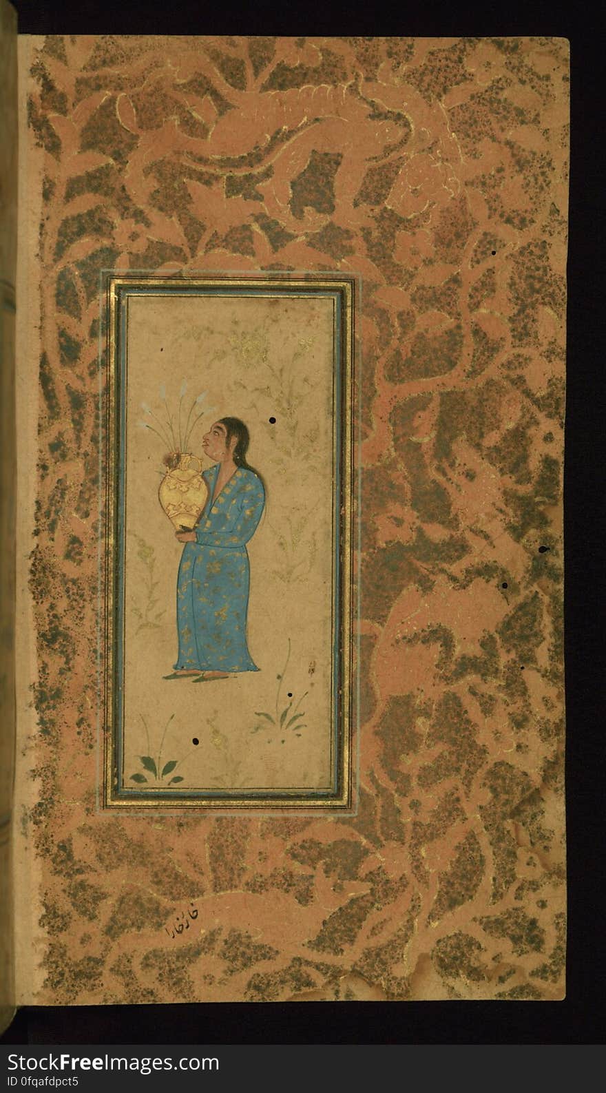 This small anthology of Persian poetry consisting of poems by such authors as Jāmī, Azārī, Fayz̤ī, Navāʾī, and Saʿdī was put together by an anonymous scribe in 1105 AH / 1693 CE. Illustrated with six miniatures, the margins of this manuscript are embellished with stenciled designs of angels, men and animals. The illumination depicts a woman holding a vase of flowers. See this manuscript page by page at the Walters Art Museum website: art.thewalters.org/viewwoa.aspx?id=19402. This small anthology of Persian poetry consisting of poems by such authors as Jāmī, Azārī, Fayz̤ī, Navāʾī, and Saʿdī was put together by an anonymous scribe in 1105 AH / 1693 CE. Illustrated with six miniatures, the margins of this manuscript are embellished with stenciled designs of angels, men and animals. The illumination depicts a woman holding a vase of flowers. See this manuscript page by page at the Walters Art Museum website: art.thewalters.org/viewwoa.aspx?id=19402