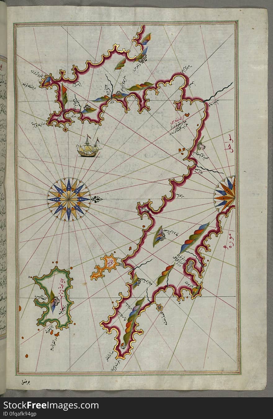 Originally composed in 932 AH / 1525 CE and dedicated to Sultan Süleyman I &#x28;&quot;The Magnificent&quot;&#x29;, this great work by Piri Reis &#x28;d. 962 AH / 1555 CE&#x29; on navigation was later revised and expanded. The present manuscript, made mostly in the late 11th AH / 17th CE century, is based on the later expanded version with some 240 exquisitely executed maps and portolan charts. They include a world map &#x28;fol.41a&#x29; with the outline of the Americas, as well as coastlines &#x28;bays, capes, peninsulas&#x29;, islands, mountains and cities of the Mediterranean basin and the Black Sea. The work starts with the description of the coastline of Anatolia and the islands of the Aegean Sea, the Peloponnese peninsula and eastern and western coasts of the Adriatic Sea. It then proceeds to describe the western shores of Italy, southern France, Spain, North Africa, Palestine, Israel, Lebanon, Syria, western Anatolia, various islands north of Crete, Sea of Marmara, Bosporus and the Black Sea. It ends with a map of the shores of the the Caspian Sea &#x28;fol.374a&#x29;. See this manuscript page by page at the Walters Art Museum website: art.thewalters.org/viewwoa.aspx?id=19195. Originally composed in 932 AH / 1525 CE and dedicated to Sultan Süleyman I &#x28;&quot;The Magnificent&quot;&#x29;, this great work by Piri Reis &#x28;d. 962 AH / 1555 CE&#x29; on navigation was later revised and expanded. The present manuscript, made mostly in the late 11th AH / 17th CE century, is based on the later expanded version with some 240 exquisitely executed maps and portolan charts. They include a world map &#x28;fol.41a&#x29; with the outline of the Americas, as well as coastlines &#x28;bays, capes, peninsulas&#x29;, islands, mountains and cities of the Mediterranean basin and the Black Sea. The work starts with the description of the coastline of Anatolia and the islands of the Aegean Sea, the Peloponnese peninsula and eastern and western coasts of the Adriatic Sea. It then proceeds to describe the western shores of Italy, southern France, Spain, North Africa, Palestine, Israel, Lebanon, Syria, western Anatolia, various islands north of Crete, Sea of Marmara, Bosporus and the Black Sea. It ends with a map of the shores of the the Caspian Sea &#x28;fol.374a&#x29;. See this manuscript page by page at the Walters Art Museum website: art.thewalters.org/viewwoa.aspx?id=19195