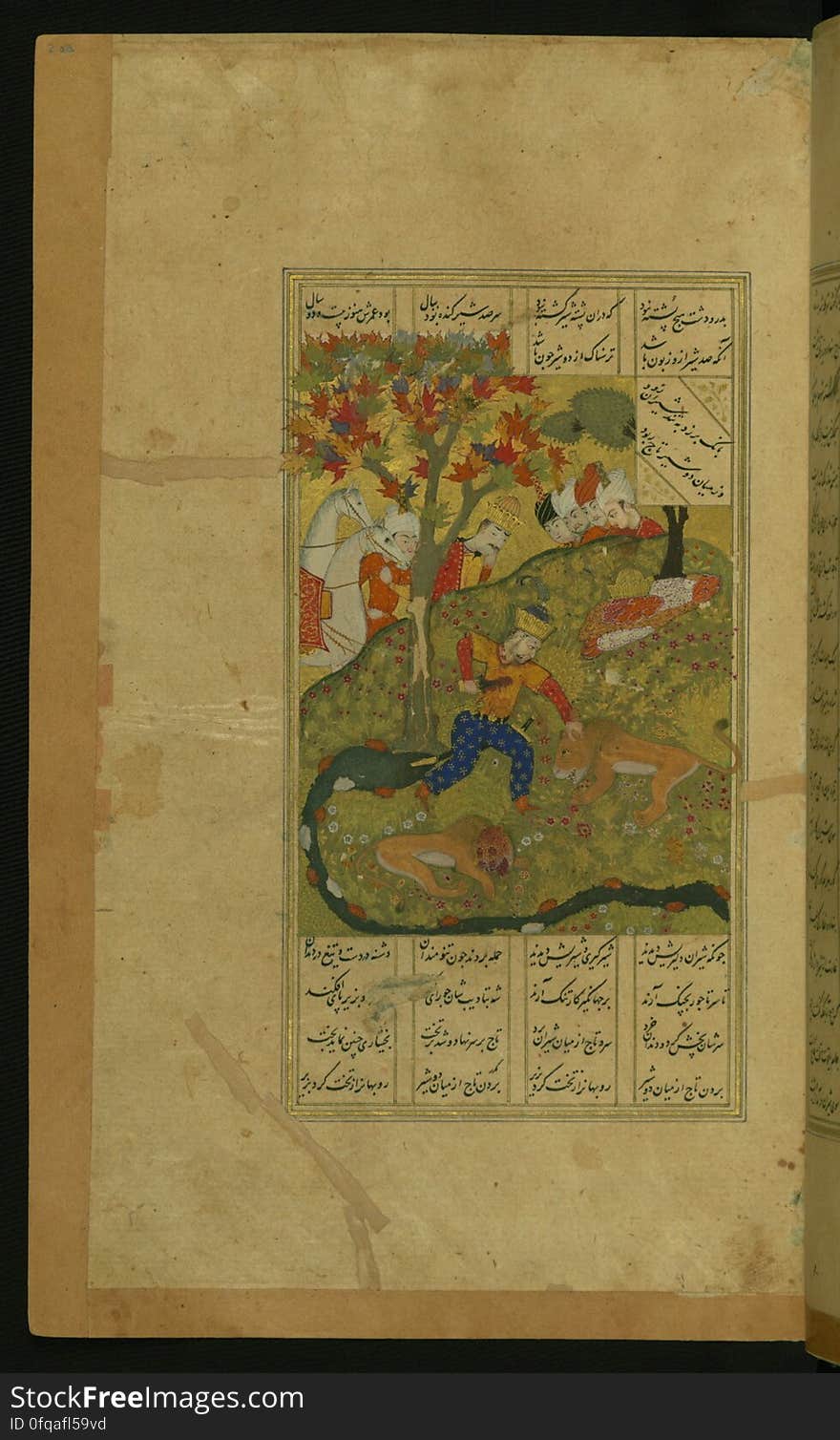 An elegantly illuminated and illustrated copy of the Khamsah &#x28;quintet&#x29; of Niẓāmī Ganjavī &#x28;d.605 AH / 1209 CE&#x29; executed by Yār Muḥammad al-Haravī in 922 AH / 1516 CE. Written in four columns in black nastaʿlīq script, this manuscripts opens with a double-page decorative composition signed by ʿAbd al-Wahhāb ibn ʿAbd al-Fattāḥ ibn ʿAlī, of which this is one side. It contains 35 miniatures. The folio represents Bahrām Gūr killing two lions. See this manuscript page by page at the Walters Art Museum website: art.thewalters.org/viewwoa.aspx?id=21272. An elegantly illuminated and illustrated copy of the Khamsah &#x28;quintet&#x29; of Niẓāmī Ganjavī &#x28;d.605 AH / 1209 CE&#x29; executed by Yār Muḥammad al-Haravī in 922 AH / 1516 CE. Written in four columns in black nastaʿlīq script, this manuscripts opens with a double-page decorative composition signed by ʿAbd al-Wahhāb ibn ʿAbd al-Fattāḥ ibn ʿAlī, of which this is one side. It contains 35 miniatures. The folio represents Bahrām Gūr killing two lions. See this manuscript page by page at the Walters Art Museum website: art.thewalters.org/viewwoa.aspx?id=21272