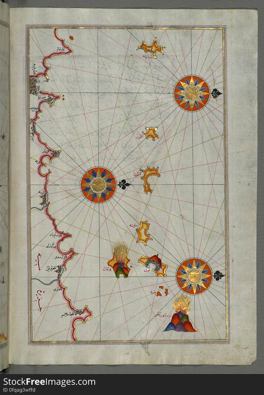 Originally composed in 932 AH / 1525 CE and dedicated to Sultan Süleyman I &#x28;&quot;The Magnificent&quot;&#x29;, this great work by Piri Reis &#x28;d. 962 AH / 1555 CE&#x29; on navigation was later revised and expanded. The present manuscript, made mostly in the late 11th AH / 17th CE century, is based on the later expanded version with some 240 exquisitely executed maps and portolan charts. They include a world map &#x28;fol.41a&#x29; with the outline of the Americas, as well as coastlines &#x28;bays, capes, peninsulas&#x29;, islands, mountains and cities of the Mediterranean basin and the Black Sea. The work starts with the description of the coastline of Anatolia and the islands of the Aegean Sea, the Peloponnese peninsula and eastern and western coasts of the Adriatic Sea. It then proceeds to describe the western shores of Italy, southern France, Spain, North Africa, Palestine, Israel, Lebanon, Syria, western Anatolia, various islands north of Crete, Sea of Marmara, Bosporus and the Black Sea. It ends with a map of the shores of the the Caspian Sea &#x28;fol.374a&#x29;. See this manuscript page by page at the Walters Art Museum website: art.thewalters.org/viewwoa.aspx?id=19195. Originally composed in 932 AH / 1525 CE and dedicated to Sultan Süleyman I &#x28;&quot;The Magnificent&quot;&#x29;, this great work by Piri Reis &#x28;d. 962 AH / 1555 CE&#x29; on navigation was later revised and expanded. The present manuscript, made mostly in the late 11th AH / 17th CE century, is based on the later expanded version with some 240 exquisitely executed maps and portolan charts. They include a world map &#x28;fol.41a&#x29; with the outline of the Americas, as well as coastlines &#x28;bays, capes, peninsulas&#x29;, islands, mountains and cities of the Mediterranean basin and the Black Sea. The work starts with the description of the coastline of Anatolia and the islands of the Aegean Sea, the Peloponnese peninsula and eastern and western coasts of the Adriatic Sea. It then proceeds to describe the western shores of Italy, southern France, Spain, North Africa, Palestine, Israel, Lebanon, Syria, western Anatolia, various islands north of Crete, Sea of Marmara, Bosporus and the Black Sea. It ends with a map of the shores of the the Caspian Sea &#x28;fol.374a&#x29;. See this manuscript page by page at the Walters Art Museum website: art.thewalters.org/viewwoa.aspx?id=19195