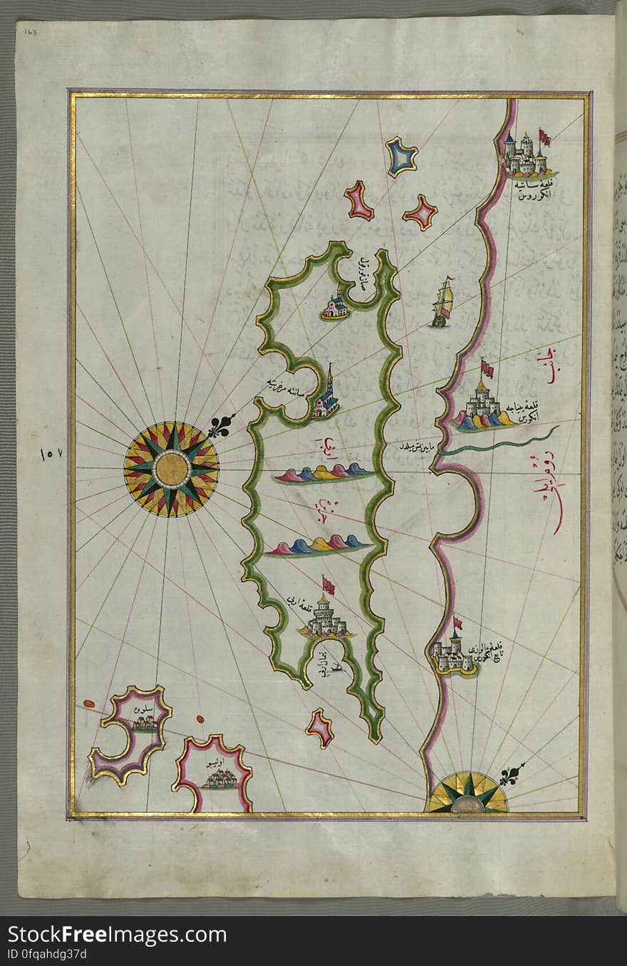 Originally composed in 932 AH / 1525 CE and dedicated to Sultan Süleyman I &#x28;&quot;The Magnificent&quot;&#x29;, this great work by Piri Reis &#x28;d. 962 AH / 1555 CE&#x29; on navigation was later revised and expanded. The present manuscript, made mostly in the late 11th AH / 17th CE century, is based on the later expanded version with some 240 exquisitely executed maps and portolan charts. They include a world map &#x28;fol.41a&#x29; with the outline of the Americas, as well as coastlines &#x28;bays, capes, peninsulas&#x29;, islands, mountains and cities of the Mediterranean basin and the Black Sea. The work starts with the description of the coastline of Anatolia and the islands of the Aegean Sea, the Peloponnese peninsula and eastern and western coasts of the Adriatic Sea. It then proceeds to describe the western shores of Italy, southern France, Spain, North Africa, Palestine, Israel, Lebanon, Syria, western Anatolia, various islands north of Crete, Sea of Marmara, Bosporus and the Black Sea. It ends with a map of the shores of the the Caspian Sea &#x28;fol.374a&#x29;. See this manuscript page by page at the Walters Art Museum website: art.thewalters.org/viewwoa.aspx?id=19195. Originally composed in 932 AH / 1525 CE and dedicated to Sultan Süleyman I &#x28;&quot;The Magnificent&quot;&#x29;, this great work by Piri Reis &#x28;d. 962 AH / 1555 CE&#x29; on navigation was later revised and expanded. The present manuscript, made mostly in the late 11th AH / 17th CE century, is based on the later expanded version with some 240 exquisitely executed maps and portolan charts. They include a world map &#x28;fol.41a&#x29; with the outline of the Americas, as well as coastlines &#x28;bays, capes, peninsulas&#x29;, islands, mountains and cities of the Mediterranean basin and the Black Sea. The work starts with the description of the coastline of Anatolia and the islands of the Aegean Sea, the Peloponnese peninsula and eastern and western coasts of the Adriatic Sea. It then proceeds to describe the western shores of Italy, southern France, Spain, North Africa, Palestine, Israel, Lebanon, Syria, western Anatolia, various islands north of Crete, Sea of Marmara, Bosporus and the Black Sea. It ends with a map of the shores of the the Caspian Sea &#x28;fol.374a&#x29;. See this manuscript page by page at the Walters Art Museum website: art.thewalters.org/viewwoa.aspx?id=19195