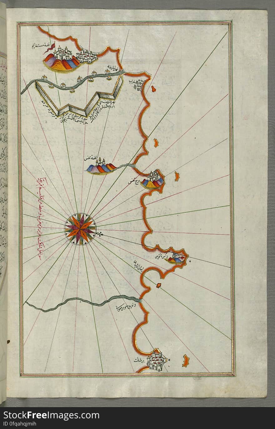 Originally composed in 932 AH / 1525 CE and dedicated to Sultan Süleyman I &#x28;&quot;The Magnificent&quot;&#x29;, this great work by Piri Reis &#x28;d. 962 AH / 1555 CE&#x29; on navigation was later revised and expanded. The present manuscript, made mostly in the late 11th AH / 17th CE century, is based on the later expanded version with some 240 exquisitely executed maps and portolan charts. They include a world map &#x28;fol.41a&#x29; with the outline of the Americas, as well as coastlines &#x28;bays, capes, peninsulas&#x29;, islands, mountains and cities of the Mediterranean basin and the Black Sea. The work starts with the description of the coastline of Anatolia and the islands of the Aegean Sea, the Peloponnese peninsula and eastern and western coasts of the Adriatic Sea. It then proceeds to describe the western shores of Italy, southern France, Spain, North Africa, Palestine, Israel, Lebanon, Syria, western Anatolia, various islands north of Crete, Sea of Marmara, Bosporus and the Black Sea. It ends with a map of the shores of the the Caspian Sea &#x28;fol.374a&#x29;. See this manuscript page by page at the Walters Art Museum website: art.thewalters.org/viewwoa.aspx?id=19195. Originally composed in 932 AH / 1525 CE and dedicated to Sultan Süleyman I &#x28;&quot;The Magnificent&quot;&#x29;, this great work by Piri Reis &#x28;d. 962 AH / 1555 CE&#x29; on navigation was later revised and expanded. The present manuscript, made mostly in the late 11th AH / 17th CE century, is based on the later expanded version with some 240 exquisitely executed maps and portolan charts. They include a world map &#x28;fol.41a&#x29; with the outline of the Americas, as well as coastlines &#x28;bays, capes, peninsulas&#x29;, islands, mountains and cities of the Mediterranean basin and the Black Sea. The work starts with the description of the coastline of Anatolia and the islands of the Aegean Sea, the Peloponnese peninsula and eastern and western coasts of the Adriatic Sea. It then proceeds to describe the western shores of Italy, southern France, Spain, North Africa, Palestine, Israel, Lebanon, Syria, western Anatolia, various islands north of Crete, Sea of Marmara, Bosporus and the Black Sea. It ends with a map of the shores of the the Caspian Sea &#x28;fol.374a&#x29;. See this manuscript page by page at the Walters Art Museum website: art.thewalters.org/viewwoa.aspx?id=19195