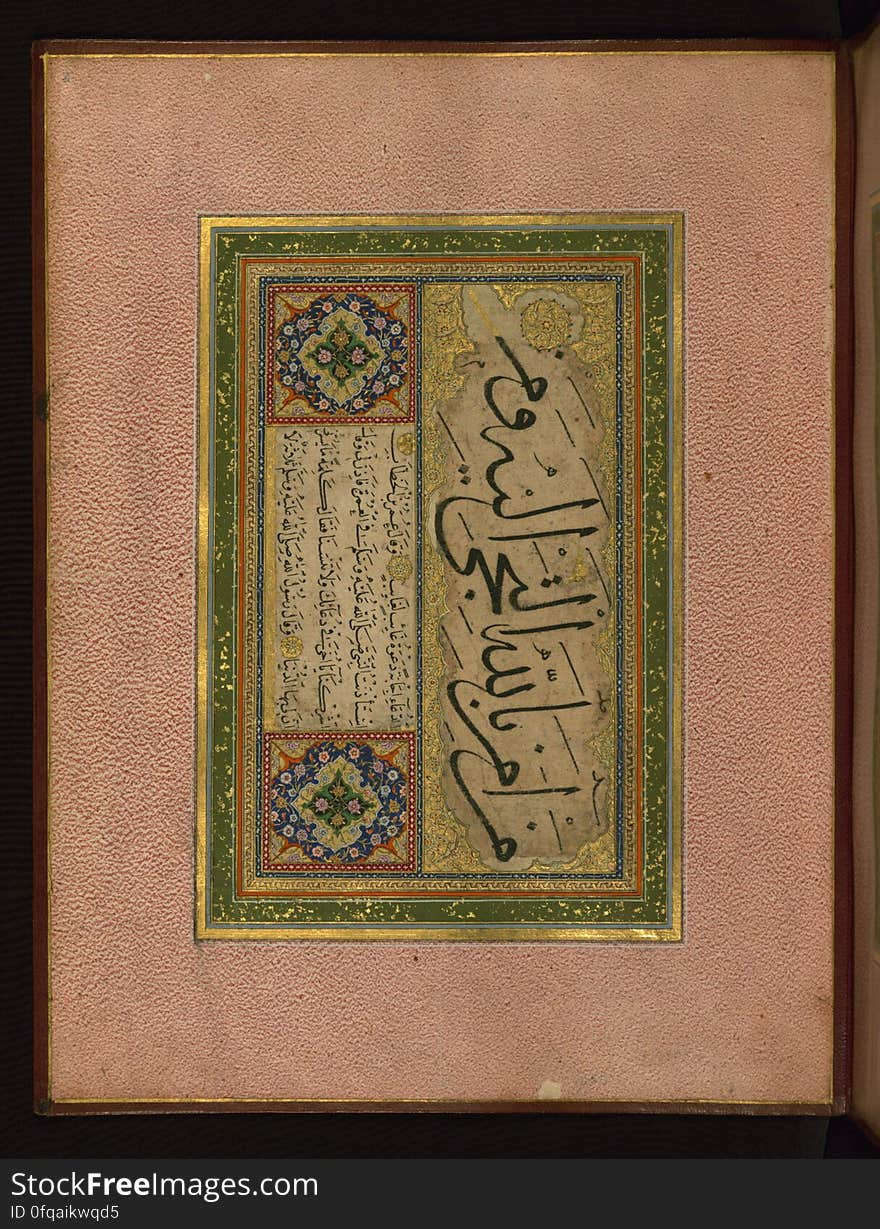 An album &#x28;muraqqaʿ&#x29; of calligraphy in the form of an accordion book put together by an anonymous collector, probably in the 12th century AH/ 18th CE. It consists of leaves bearing fragmentary passages from the Qur’an &#x28;Sūrat al-baqarah, 2:65-68 and Sūrat al-nisāʾ, 4:103-106&#x29;, some sayings of the Prophet Muhammad, and two sheets of pen exercises &#x28;ḳaralama&#x29;. Folio 5a bears the name of the celebrated Ottoman calligrapher Şeyh Hamdullah &#x28;Ḥamd Allāh al-Amāsī, d. 926 AH /1520 CE&#x29;. An album &#x28;muraqqaʿ&#x29; of calligraphy in the form of an accordion book put together by an anonymous collector, probably in the 12th century AH/ 18th CE. It consists of leaves bearing fragmentary passages from the Qur’an &#x28;Sūrat al-baqarah, 2:65-68 and Sūrat al-nisāʾ, 4:103-106&#x29;, some sayings of the Prophet Muhammad, and two sheets of pen exercises &#x28;ḳaralama&#x29;. Folio 5a bears the name of the celebrated Ottoman calligrapher Şeyh Hamdullah &#x28;Ḥamd Allāh al-Amāsī, d. 926 AH /1520 CE&#x29;.