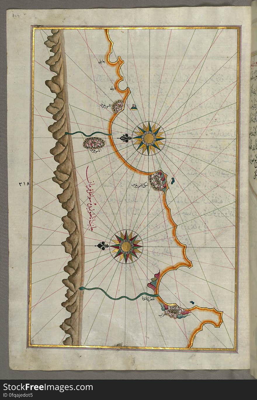 Originally composed in 932 AH / 1525 CE and dedicated to Sultan Süleyman I &#x28;&quot;The Magnificent&quot;&#x29;, this great work by Piri Reis &#x28;d. 962 AH / 1555 CE&#x29; on navigation was later revised and expanded. The present manuscript, made mostly in the late 11th AH / 17th CE century, is based on the later expanded version with some 240 exquisitely executed maps and portolan charts. They include a world map &#x28;fol.41a&#x29; with the outline of the Americas, as well as coastlines &#x28;bays, capes, peninsulas&#x29;, islands, mountains and cities of the Mediterranean basin and the Black Sea. The work starts with the description of the coastline of Anatolia and the islands of the Aegean Sea, the Peloponnese peninsula and eastern and western coasts of the Adriatic Sea. It then proceeds to describe the western shores of Italy, southern France, Spain, North Africa, Palestine, Israel, Lebanon, Syria, western Anatolia, various islands north of Crete, Sea of Marmara, Bosporus and the Black Sea. It ends with a map of the shores of the the Caspian Sea &#x28;fol.374a&#x29;. See this manuscript page by page at the Walters Art Museum website: art.thewalters.org/viewwoa.aspx?id=19195. Originally composed in 932 AH / 1525 CE and dedicated to Sultan Süleyman I &#x28;&quot;The Magnificent&quot;&#x29;, this great work by Piri Reis &#x28;d. 962 AH / 1555 CE&#x29; on navigation was later revised and expanded. The present manuscript, made mostly in the late 11th AH / 17th CE century, is based on the later expanded version with some 240 exquisitely executed maps and portolan charts. They include a world map &#x28;fol.41a&#x29; with the outline of the Americas, as well as coastlines &#x28;bays, capes, peninsulas&#x29;, islands, mountains and cities of the Mediterranean basin and the Black Sea. The work starts with the description of the coastline of Anatolia and the islands of the Aegean Sea, the Peloponnese peninsula and eastern and western coasts of the Adriatic Sea. It then proceeds to describe the western shores of Italy, southern France, Spain, North Africa, Palestine, Israel, Lebanon, Syria, western Anatolia, various islands north of Crete, Sea of Marmara, Bosporus and the Black Sea. It ends with a map of the shores of the the Caspian Sea &#x28;fol.374a&#x29;. See this manuscript page by page at the Walters Art Museum website: art.thewalters.org/viewwoa.aspx?id=19195