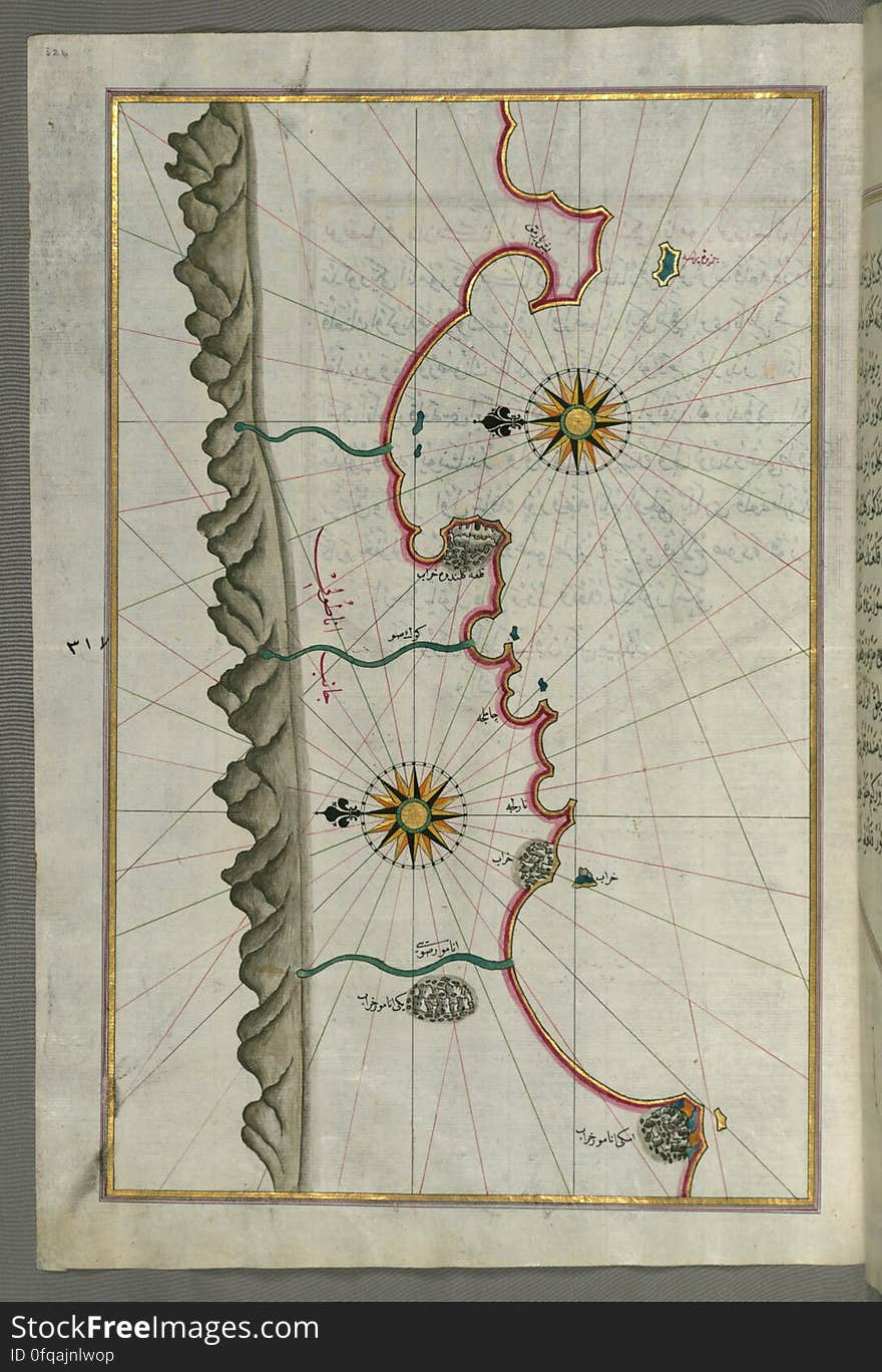 Originally composed in 932 AH / 1525 CE and dedicated to Sultan Süleyman I &#x28;&quot;The Magnificent&quot;&#x29;, this great work by Piri Reis &#x28;d. 962 AH / 1555 CE&#x29; on navigation was later revised and expanded. The present manuscript, made mostly in the late 11th AH / 17th CE century, is based on the later expanded version with some 240 exquisitely executed maps and portolan charts. They include a world map &#x28;fol.41a&#x29; with the outline of the Americas, as well as coastlines &#x28;bays, capes, peninsulas&#x29;, islands, mountains and cities of the Mediterranean basin and the Black Sea. The work starts with the description of the coastline of Anatolia and the islands of the Aegean Sea, the Peloponnese peninsula and eastern and western coasts of the Adriatic Sea. It then proceeds to describe the western shores of Italy, southern France, Spain, North Africa, Palestine, Israel, Lebanon, Syria, western Anatolia, various islands north of Crete, Sea of Marmara, Bosporus and the Black Sea. It ends with a map of the shores of the the Caspian Sea &#x28;fol.374a&#x29;. See this manuscript page by page at the Walters Art Museum website: art.thewalters.org/viewwoa.aspx?id=19195. Originally composed in 932 AH / 1525 CE and dedicated to Sultan Süleyman I &#x28;&quot;The Magnificent&quot;&#x29;, this great work by Piri Reis &#x28;d. 962 AH / 1555 CE&#x29; on navigation was later revised and expanded. The present manuscript, made mostly in the late 11th AH / 17th CE century, is based on the later expanded version with some 240 exquisitely executed maps and portolan charts. They include a world map &#x28;fol.41a&#x29; with the outline of the Americas, as well as coastlines &#x28;bays, capes, peninsulas&#x29;, islands, mountains and cities of the Mediterranean basin and the Black Sea. The work starts with the description of the coastline of Anatolia and the islands of the Aegean Sea, the Peloponnese peninsula and eastern and western coasts of the Adriatic Sea. It then proceeds to describe the western shores of Italy, southern France, Spain, North Africa, Palestine, Israel, Lebanon, Syria, western Anatolia, various islands north of Crete, Sea of Marmara, Bosporus and the Black Sea. It ends with a map of the shores of the the Caspian Sea &#x28;fol.374a&#x29;. See this manuscript page by page at the Walters Art Museum website: art.thewalters.org/viewwoa.aspx?id=19195