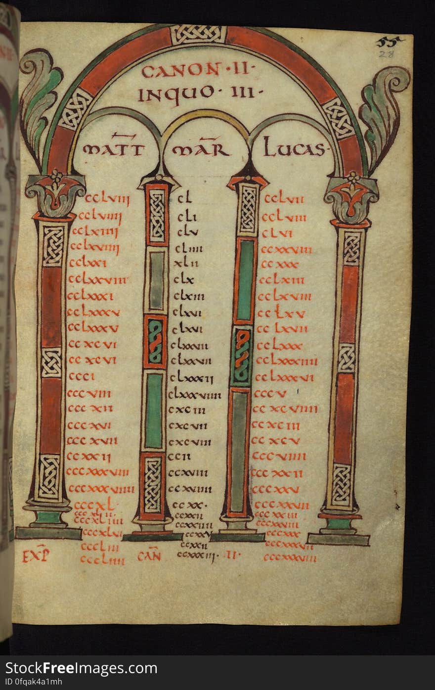 This Gospel Book was written in Carolingian minuscule in the diocese of Freising, Germany ca. 875. Surprisingly small for an Gospel Book, it is nonetheless richly illuminated and offers an excellent example of Carolingian art. The expressive and emotive quality of the Evangelists, characterized by quick, sketchy brushwork, recalls the style developed by the Carolingian school of Reims in Northern France. This similarity may be attributed to a connection with Ebbo, the former Archbishop of Reims, since he fled to Freising at this time after a quarrel with Charles the Bald. The canon tables, however, derive from a different tradition, and recall Franco-Saxon imagery in its use of interlace within the columns, and of acanthus springing from the top corners. Due to these factors, the manuscript had once been attribution to Northern France, but it is now understood to be one of a group of related manuscripts from Freising during Ebbo&#x27;s tenure. The manuscript is complete, consisting of 215 folios, and includes readings for the liturgical year, Jerome&#x27;s Plures Fuisse and Novum Opus letters, decorated canon tables, and Evangelist portraits. Canon II. All manuscript images and descriptions were created and are provided through Preservation and Access grants awarded to the Walters Art Museum by the National Endowment for the Humanities, 2008-2014. Access a complete set of high-resolution archival images of this manuscript for free on the Digital Walters at www.thedigitalwalters.org/Data/WaltersManuscripts/html/W4/ For a digital “turning the pages” presentation of this manuscript and downloadable PDFs, visit the Walters Art Museum’s Works of Art Web site at www.art.thewalters.org/detail/19057/freising-gospels/. This Gospel Book was written in Carolingian minuscule in the diocese of Freising, Germany ca. 875. Surprisingly small for an Gospel Book, it is nonetheless richly illuminated and offers an excellent example of Carolingian art. The expressive and emotive quality of the Evangelists, characterized by quick, sketchy brushwork, recalls the style developed by the Carolingian school of Reims in Northern France. This similarity may be attributed to a connection with Ebbo, the former Archbishop of Reims, since he fled to Freising at this time after a quarrel with Charles the Bald. The canon tables, however, derive from a different tradition, and recall Franco-Saxon imagery in its use of interlace within the columns, and of acanthus springing from the top corners. Due to these factors, the manuscript had once been attribution to Northern France, but it is now understood to be one of a group of related manuscripts from Freising during Ebbo&#x27;s tenure. The manuscript is complete, consisting of 215 folios, and includes readings for the liturgical year, Jerome&#x27;s Plures Fuisse and Novum Opus letters, decorated canon tables, and Evangelist portraits. Canon II. All manuscript images and descriptions were created and are provided through Preservation and Access grants awarded to the Walters Art Museum by the National Endowment for the Humanities, 2008-2014. Access a complete set of high-resolution archival images of this manuscript for free on the Digital Walters at www.thedigitalwalters.org/Data/WaltersManuscripts/html/W4/ For a digital “turning the pages” presentation of this manuscript and downloadable PDFs, visit the Walters Art Museum’s Works of Art Web site at www.art.thewalters.org/detail/19057/freising-gospels/