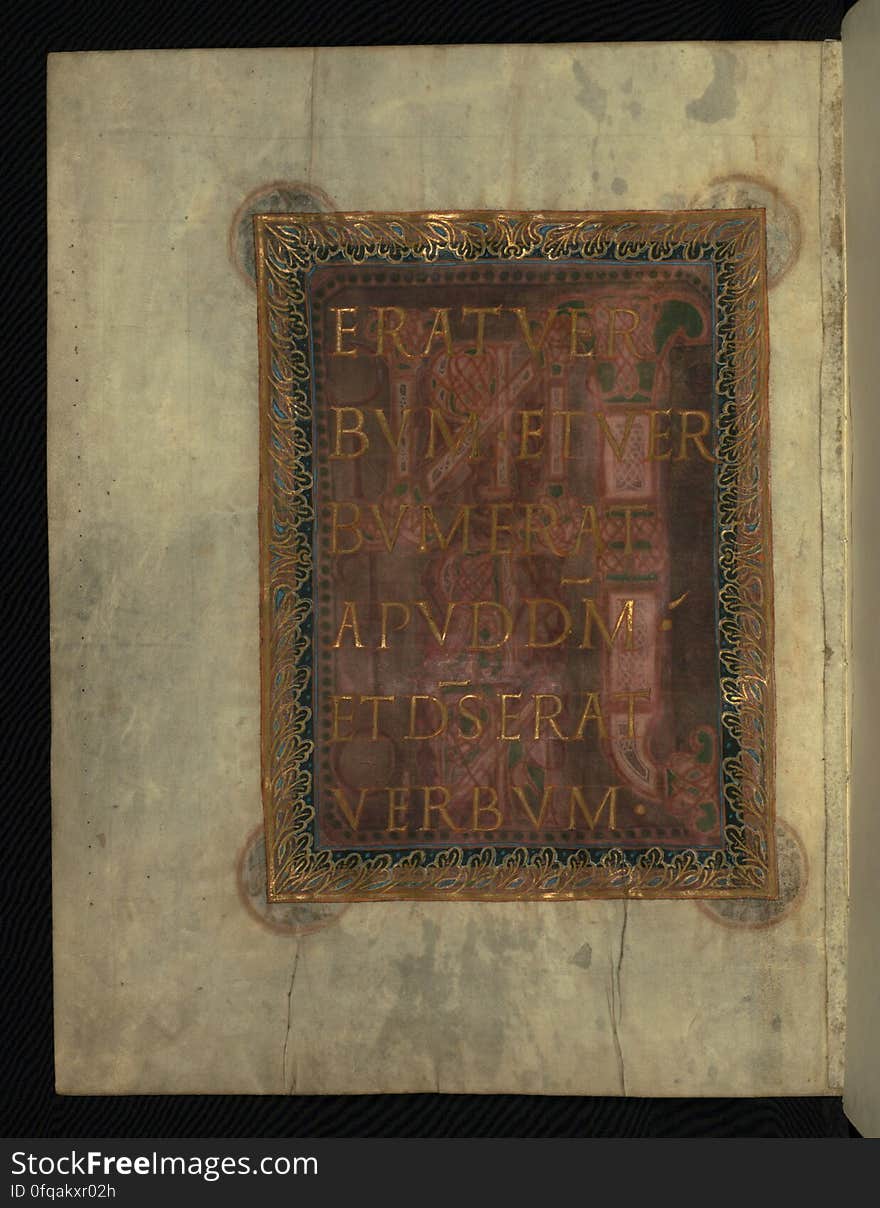 This manuscript consists of four folios from a Gospel Book that was likely made at the monastery of Corvey in Western Germany during the last quarter of the tenth century. Dating to the reign of Otto I, these pages offer a magnificent example of early Ottonian manuscript illumination. The heavily ornamented pages, which introduce the Gospels of Luke and John, shine with gold and jewel-like colors against dyed purple grounds. These pages combine monumental classicizing square capitals on purple grounds with rich and complex interlace. This fragment contains the opening pages of Luke &#x28;fols. 93-94&#x29; and John &#x28;fols. 137-138&#x29; that were originally part of Ms. 10 from the Bibliotheque Municipale in Rheims, a Gospel Book originally owned by the Chapter Library of the Cathedral of Rheims until it was confiscated, along with the rest of the cathedral&#x27;s manuscripts, during the French Revolution. Related manuscripts include Pierpont Morgan Library Ms. M. 755 and New York Public Library Ms. 1. This manuscript consists of four folios from a Gospel Book that was likely made at the monastery of Corvey in Western Germany during the last quarter of the tenth century. Dating to the reign of Otto I, these pages offer a magnificent example of early Ottonian manuscript illumination. The heavily ornamented pages, which introduce the Gospels of Luke and John, shine with gold and jewel-like colors against dyed purple grounds. These pages combine monumental classicizing square capitals on purple grounds with rich and complex interlace. This fragment contains the opening pages of Luke &#x28;fols. 93-94&#x29; and John &#x28;fols. 137-138&#x29; that were originally part of Ms. 10 from the Bibliotheque Municipale in Rheims, a Gospel Book originally owned by the Chapter Library of the Cathedral of Rheims until it was confiscated, along with the rest of the cathedral&#x27;s manuscripts, during the French Revolution. Related manuscripts include Pierpont Morgan Library Ms. M. 755 and New York Public Library Ms. 1.