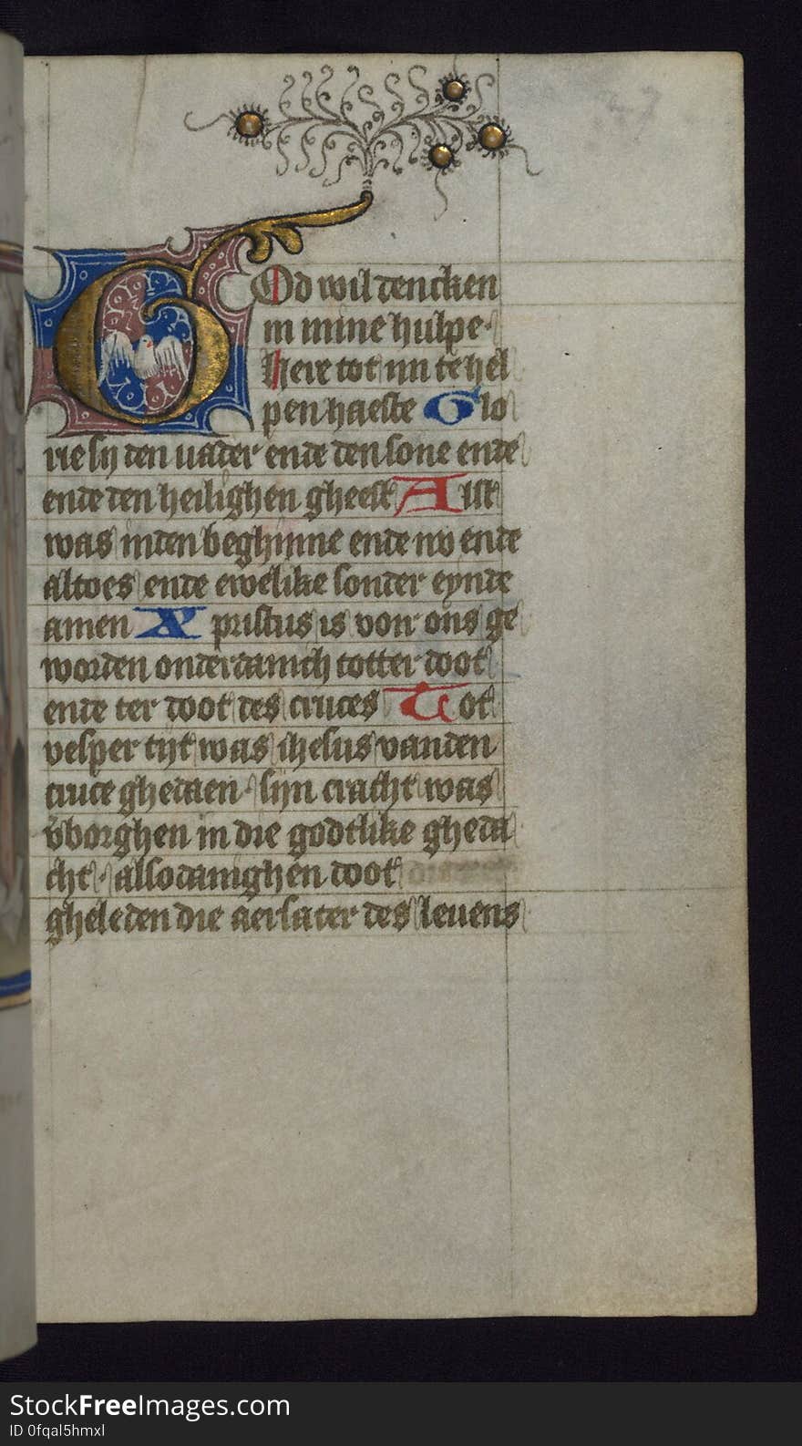 This mid-fifteenth century illuminated Book of Hours is written entirely in Dutch on fine vellum, and is remarkable for its eighteen grisaille miniatures. The technique, wherein the figures are modeled primarily in a gray wash, became a favorite in the Netherlands, and the hand behind the paintings in this manuscript has been identified with a group of artists known as the &#x22;Masters of the Delft Grisailles.&#x22; This manuscript has been grouped with more than a dozen related works, including New York PML M. 349, London, Victoria and Albert Geo. Reid Ms. 32, Leiden B.P.L. 224, Brussels, BR 21696, Antwerp, Plantein Moretus Ms. 49, and the Hague K.B. Ms. 74 G 35. The manuscript is comprised of 152 folios and is almost completely intact, lacking only two miniatures, and retains its original brown leather binding decorated with mythological beasts and a now illegible inscription. The calendar is for the use of Utrecht, which helps localize its original ownership, as might a mostly erased ownership inscription that has been partially recovered by Marrow. Short hours of the cross: Vespers. This mid-fifteenth century illuminated Book of Hours is written entirely in Dutch on fine vellum, and is remarkable for its eighteen grisaille miniatures. The technique, wherein the figures are modeled primarily in a gray wash, became a favorite in the Netherlands, and the hand behind the paintings in this manuscript has been identified with a group of artists known as the &#x22;Masters of the Delft Grisailles.&#x22; This manuscript has been grouped with more than a dozen related works, including New York PML M. 349, London, Victoria and Albert Geo. Reid Ms. 32, Leiden B.P.L. 224, Brussels, BR 21696, Antwerp, Plantein Moretus Ms. 49, and the Hague K.B. Ms. 74 G 35. The manuscript is comprised of 152 folios and is almost completely intact, lacking only two miniatures, and retains its original brown leather binding decorated with mythological beasts and a now illegible inscription. The calendar is for the use of Utrecht, which helps localize its original ownership, as might a mostly erased ownership inscription that has been partially recovered by Marrow. Short hours of the cross: Vespers.