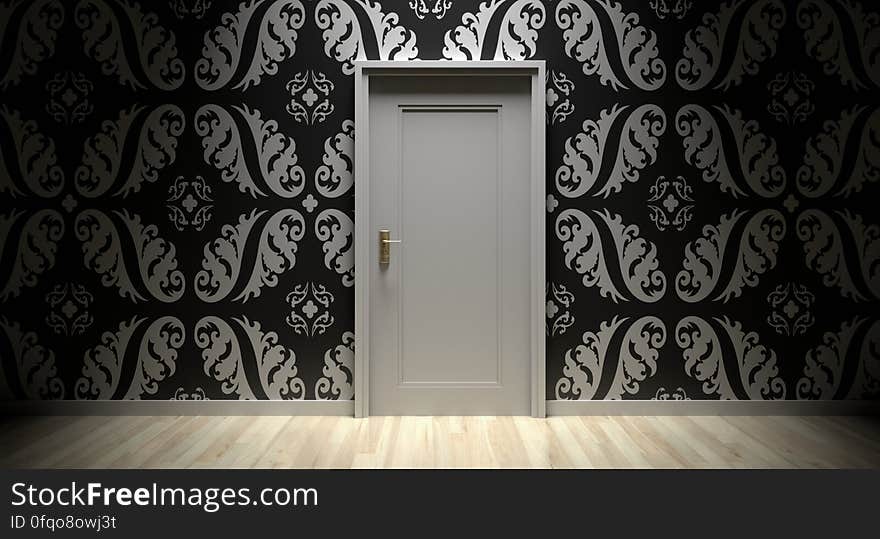 A room with a decorative wallpaper and door. A room with a decorative wallpaper and door.