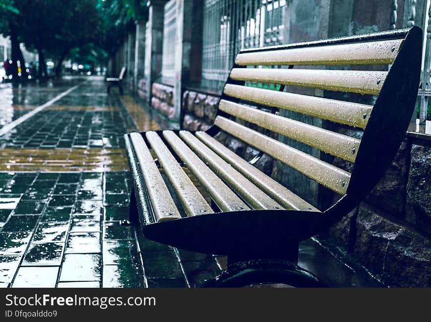 An empty park bench in the rain. An empty park bench in the rain.
